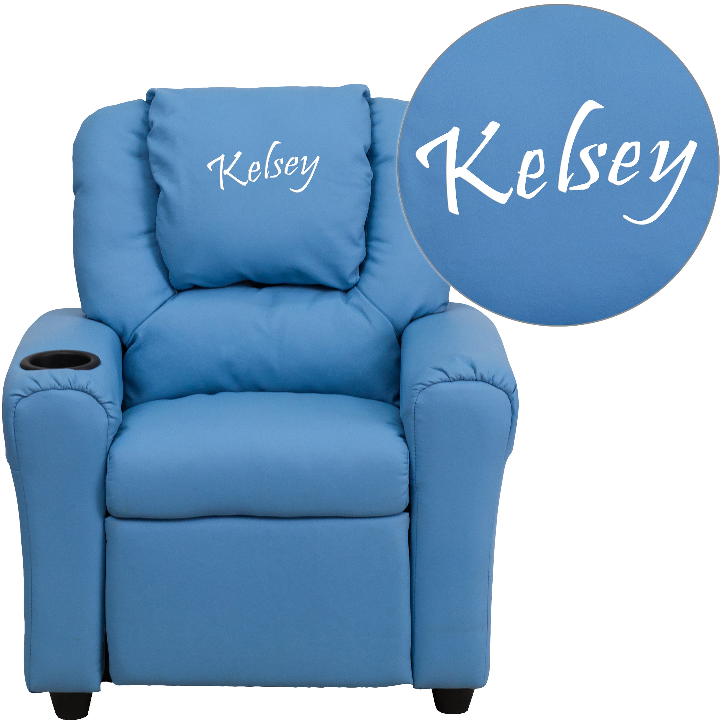 Personalized Light Blue Vinyl Kids Recliner with Cup Holder and Headrest