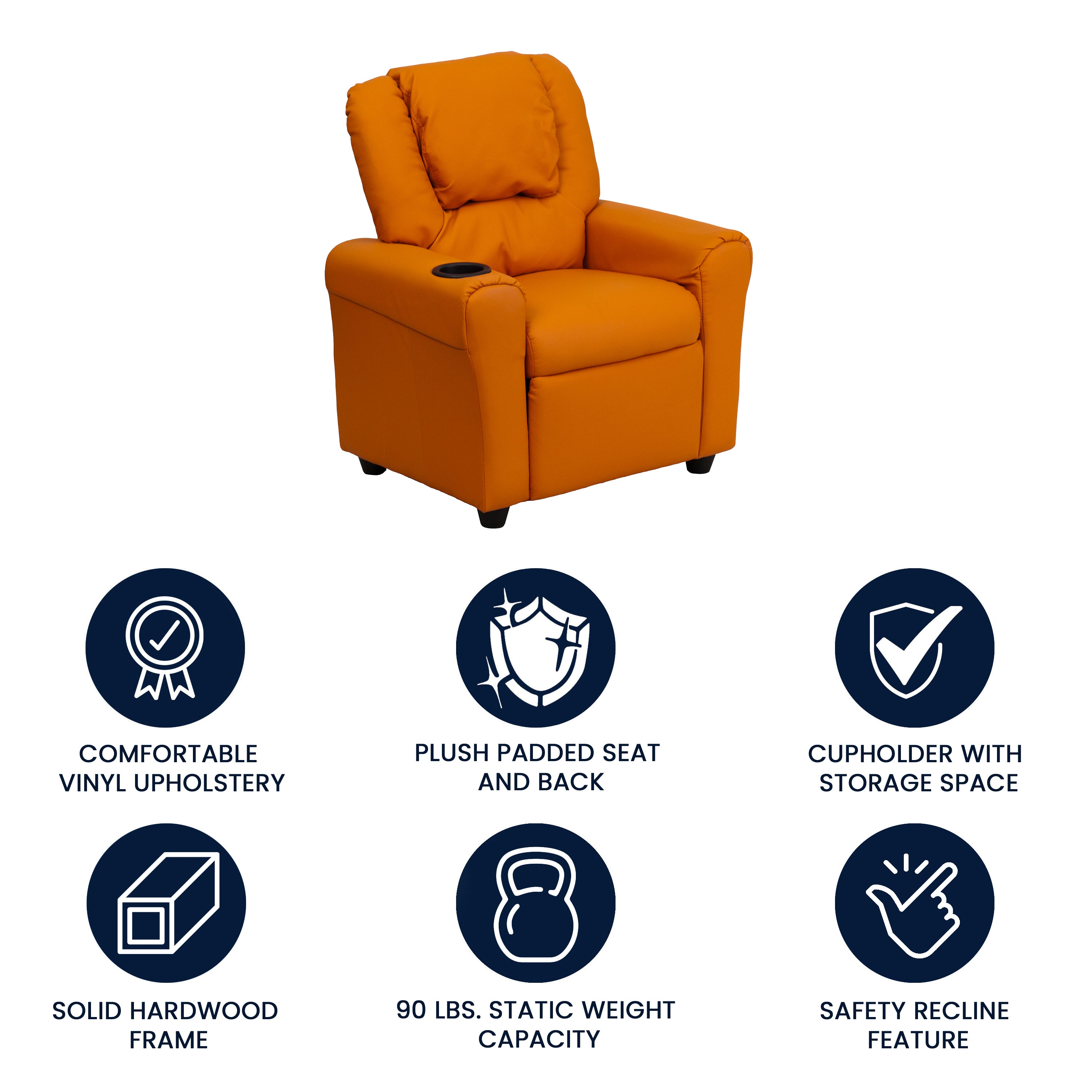 Vana Contemporary Orange Vinyl Kids Recliner with Cup Holder and Headrest