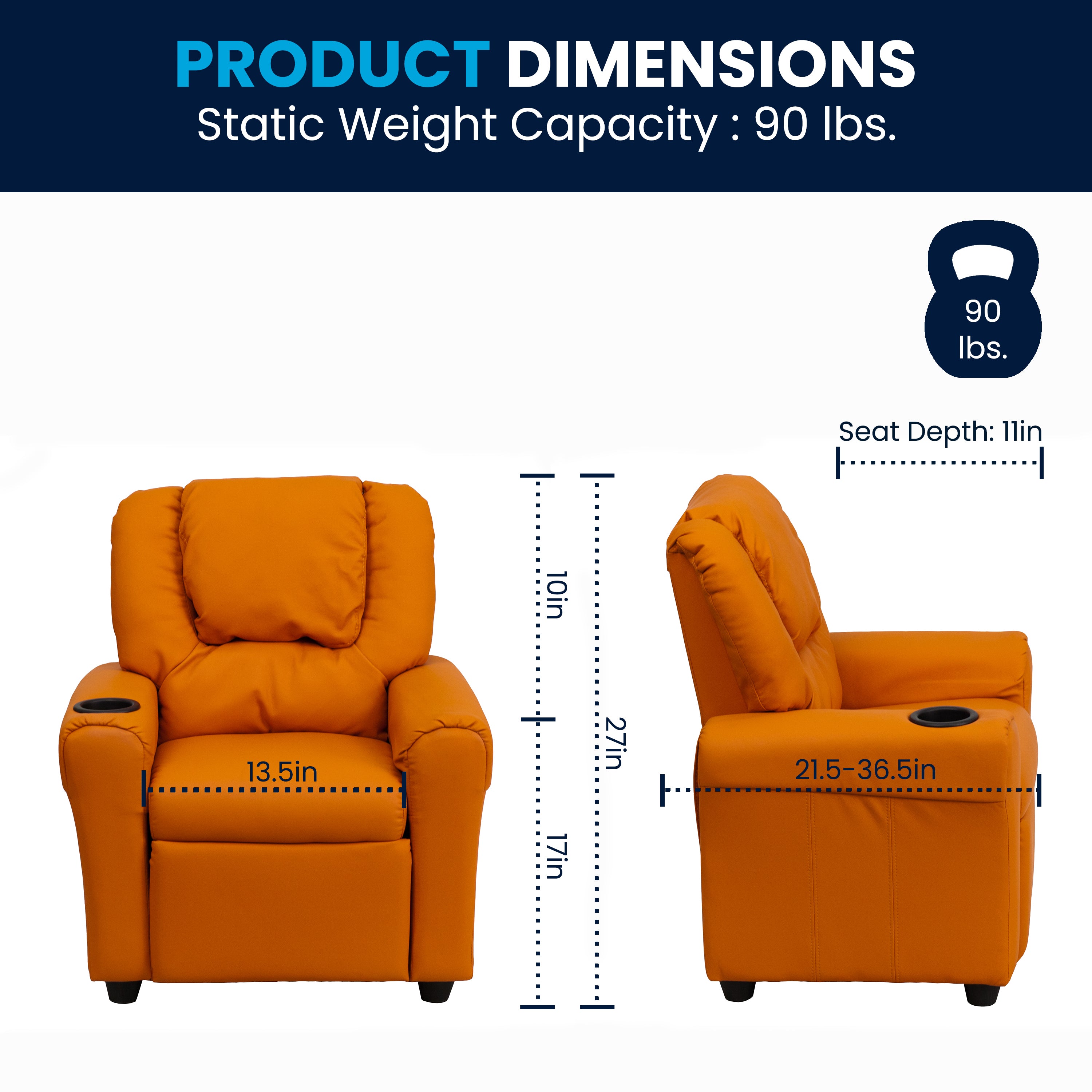 Vana Contemporary Orange Vinyl Kids Recliner with Cup Holder and Headrest