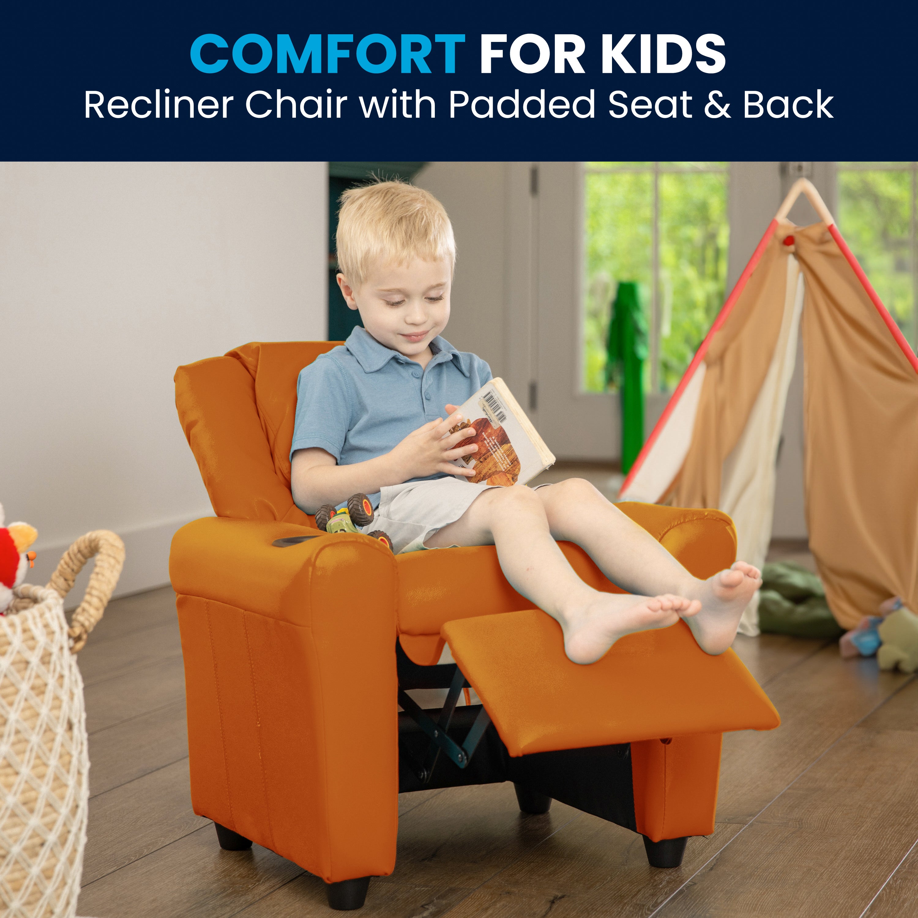 Vana Contemporary Orange Vinyl Kids Recliner with Cup Holder and Headrest