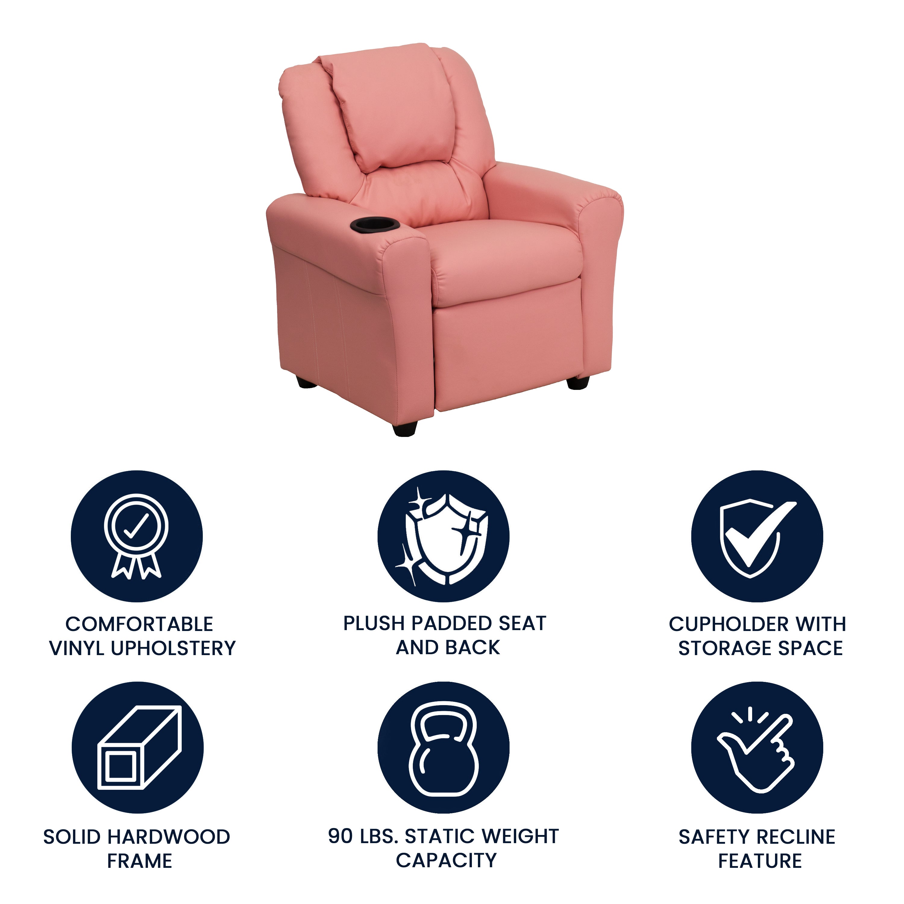 Vana Contemporary Pink Vinyl Kids Recliner with Cup Holder and Headrest