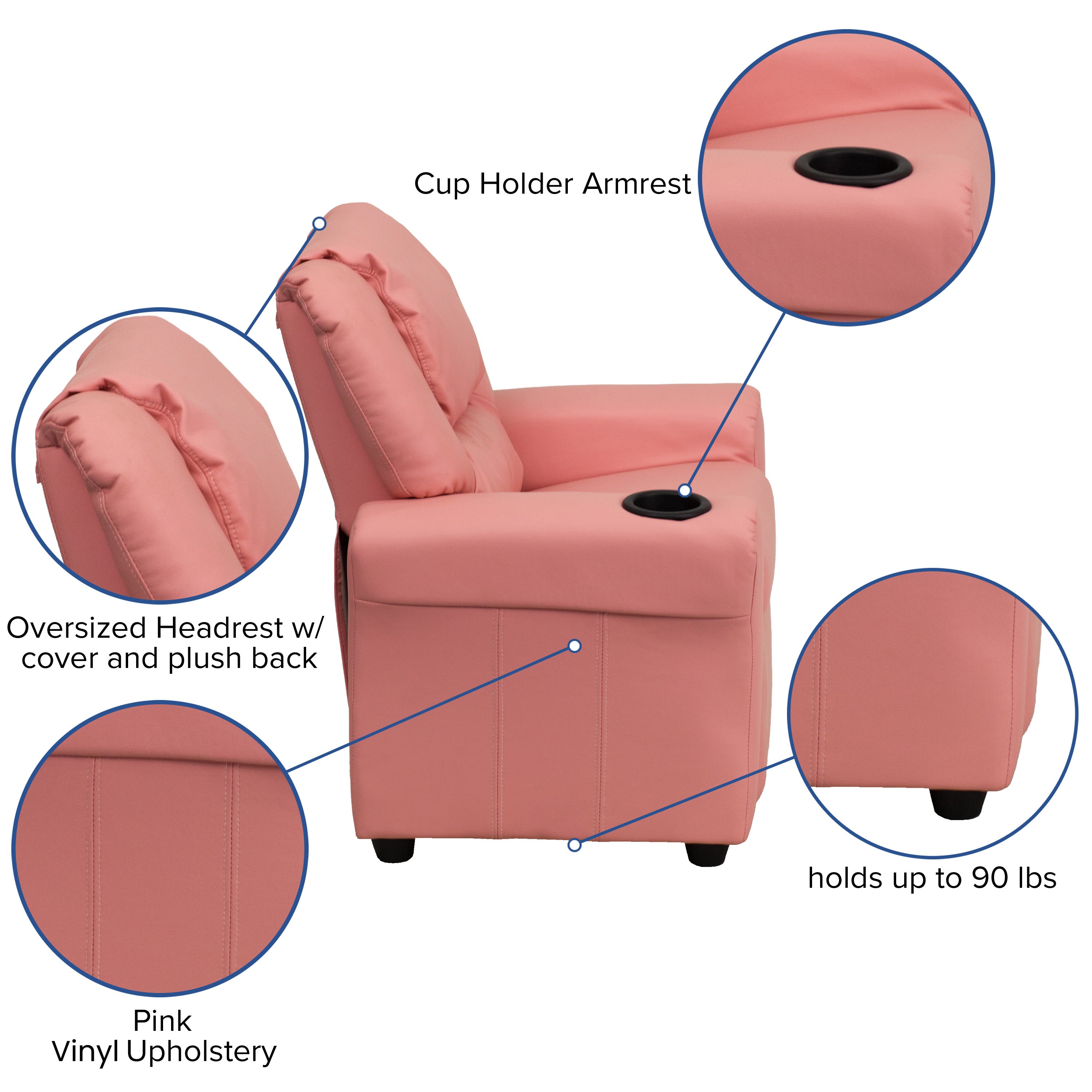 Vana Contemporary Pink Vinyl Kids Recliner with Cup Holder and Headrest