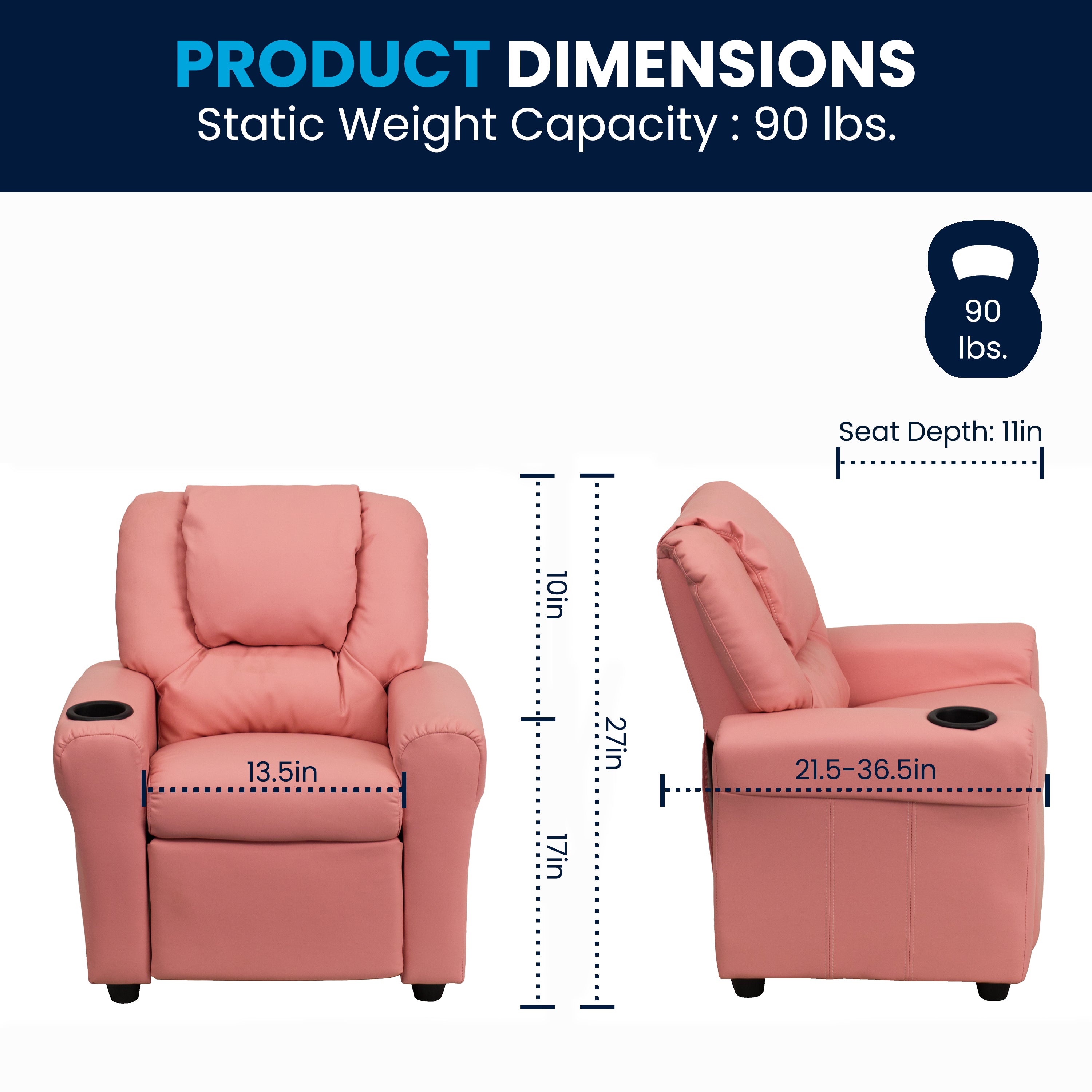 Vana Contemporary Pink Vinyl Kids Recliner with Cup Holder and Headrest