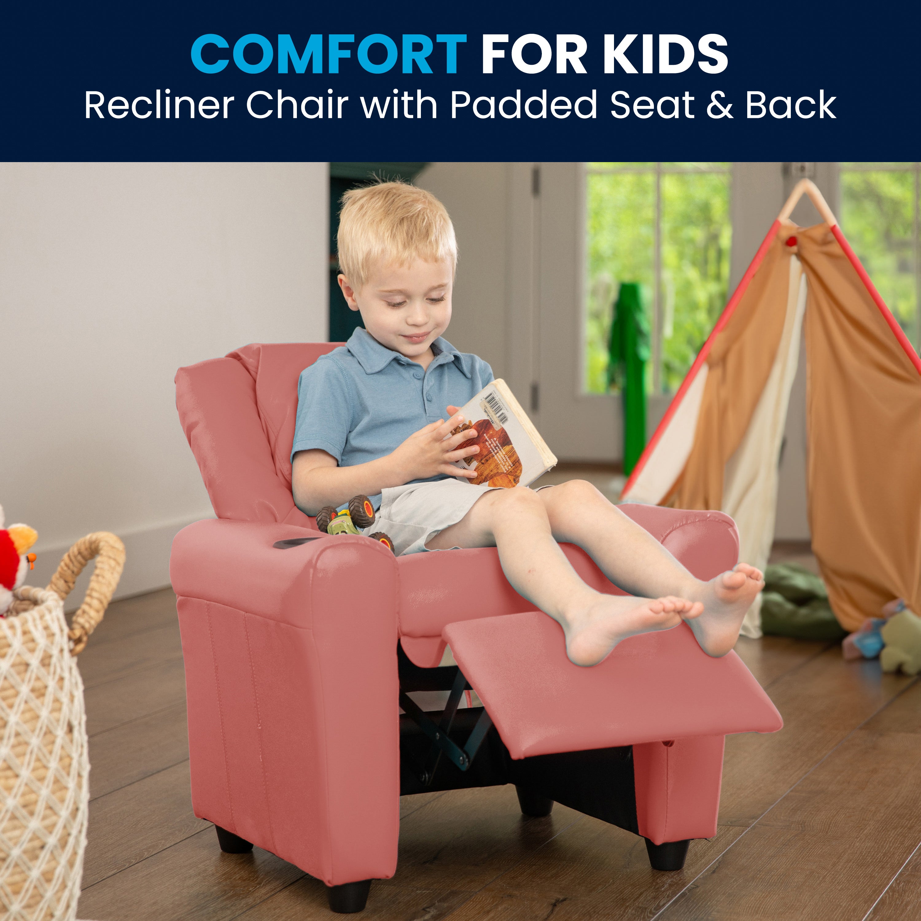 Vana Contemporary Pink Vinyl Kids Recliner with Cup Holder and Headrest