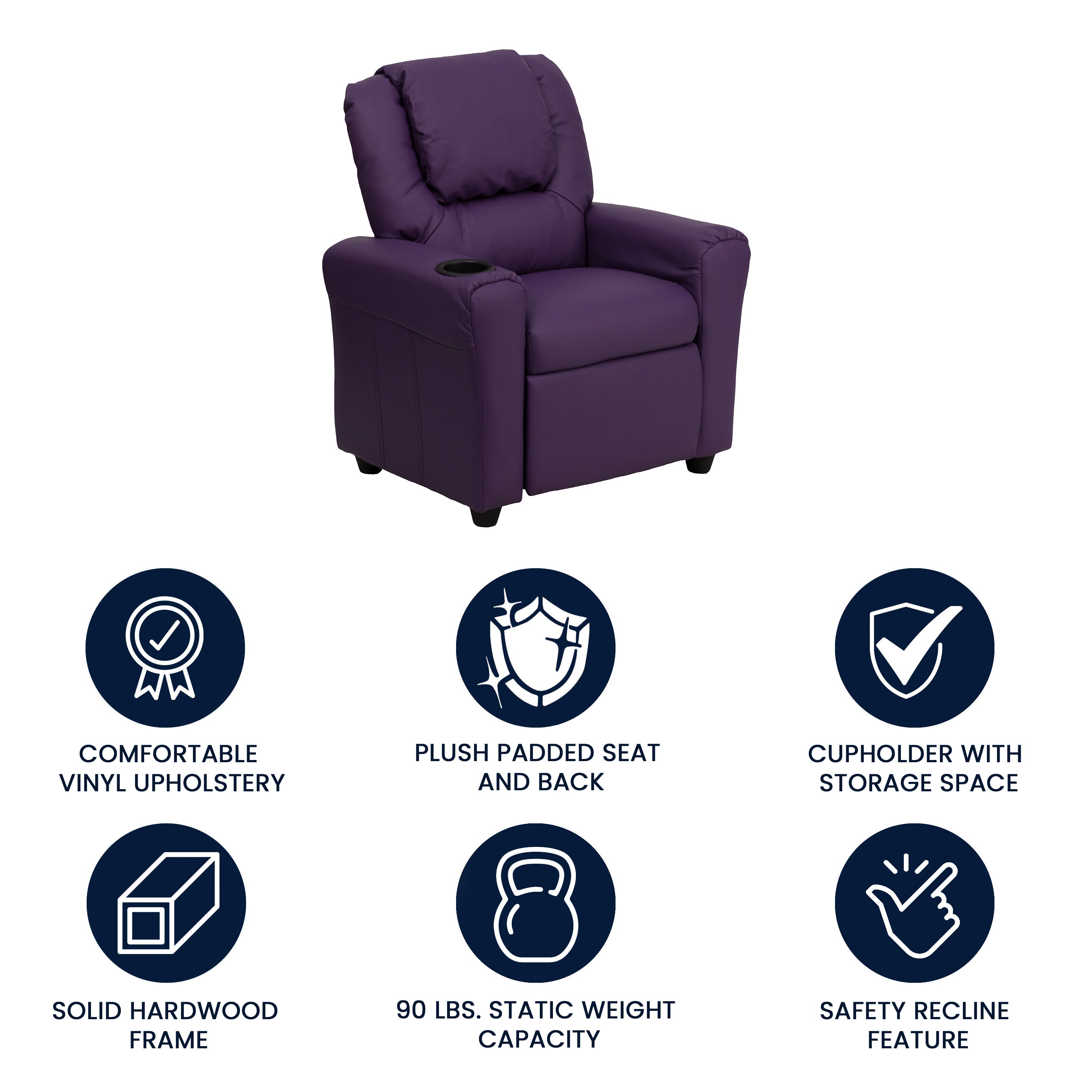 Vana Contemporary Purple Vinyl Kids Recliner with Cup Holder and Headrest