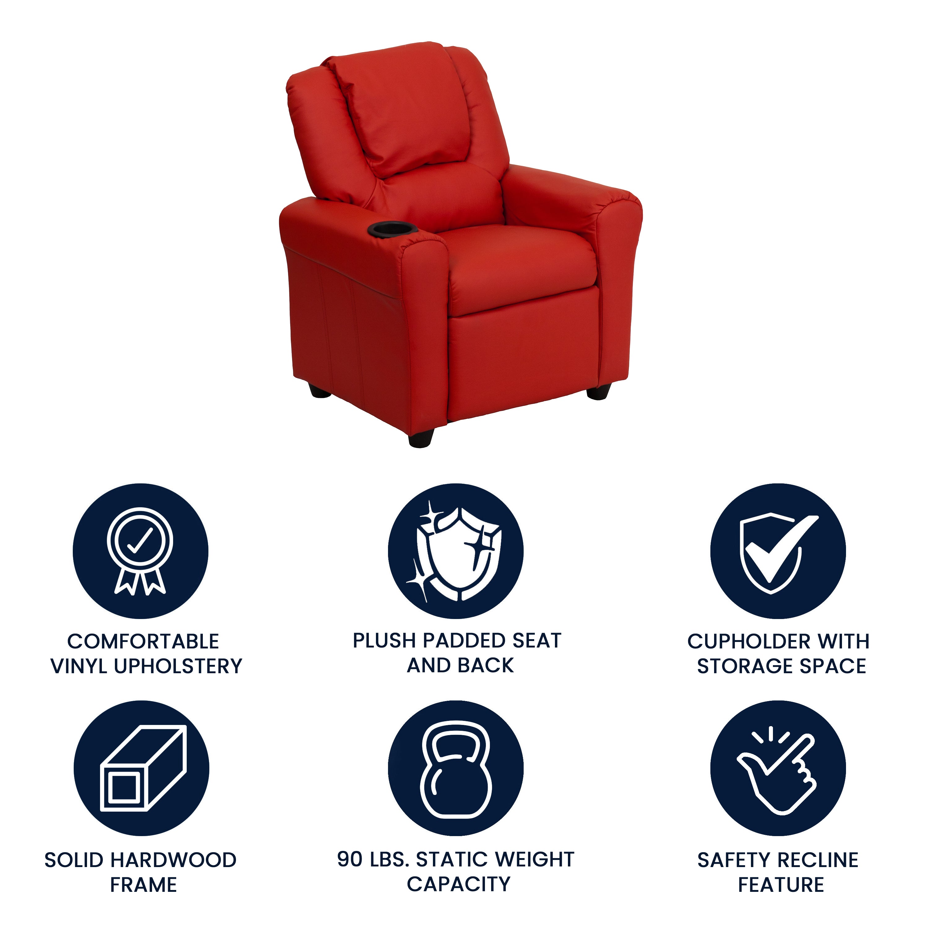 Vana Contemporary Red Vinyl Kids Recliner with Cup Holder and Headrest