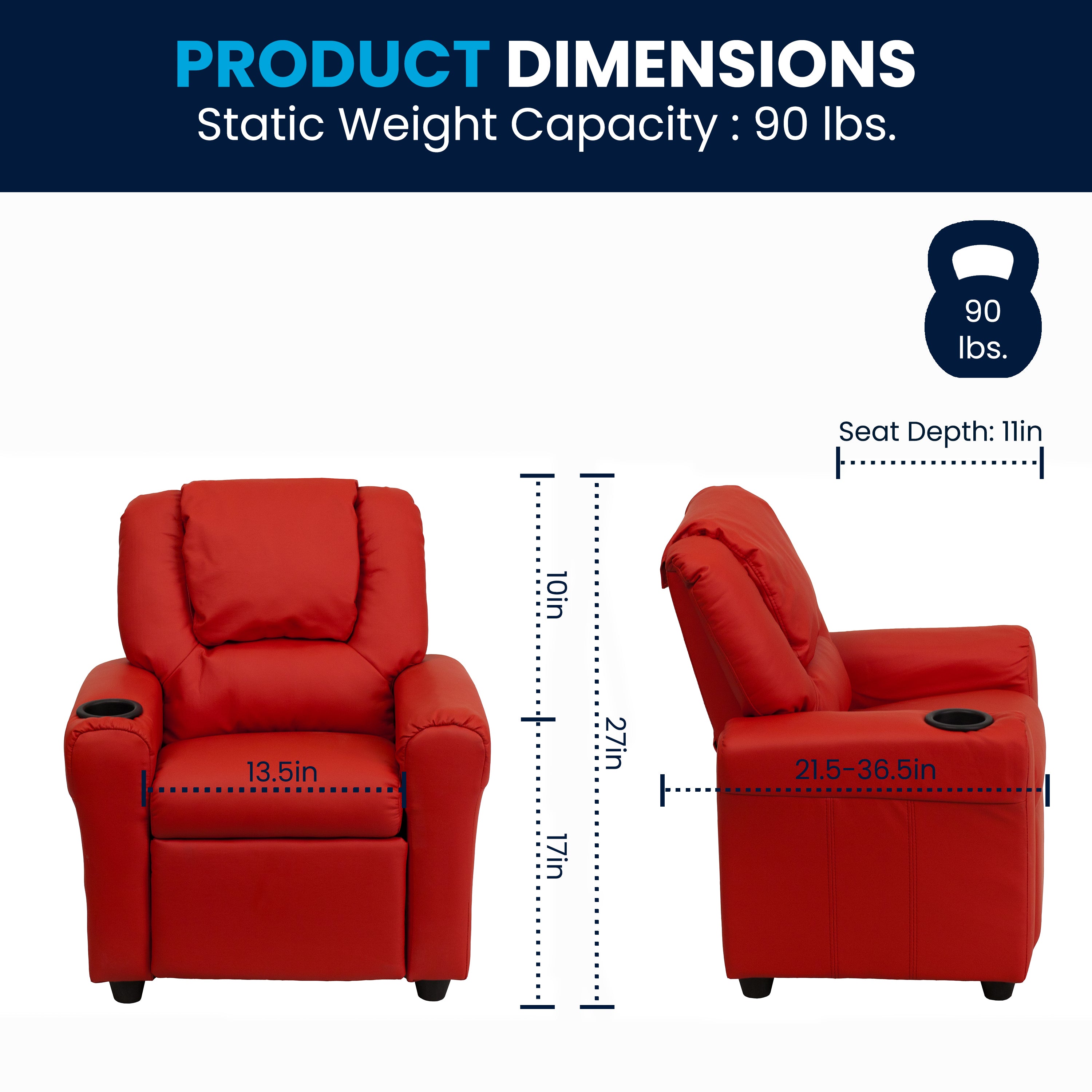 Vana Contemporary Red Vinyl Kids Recliner with Cup Holder and Headrest