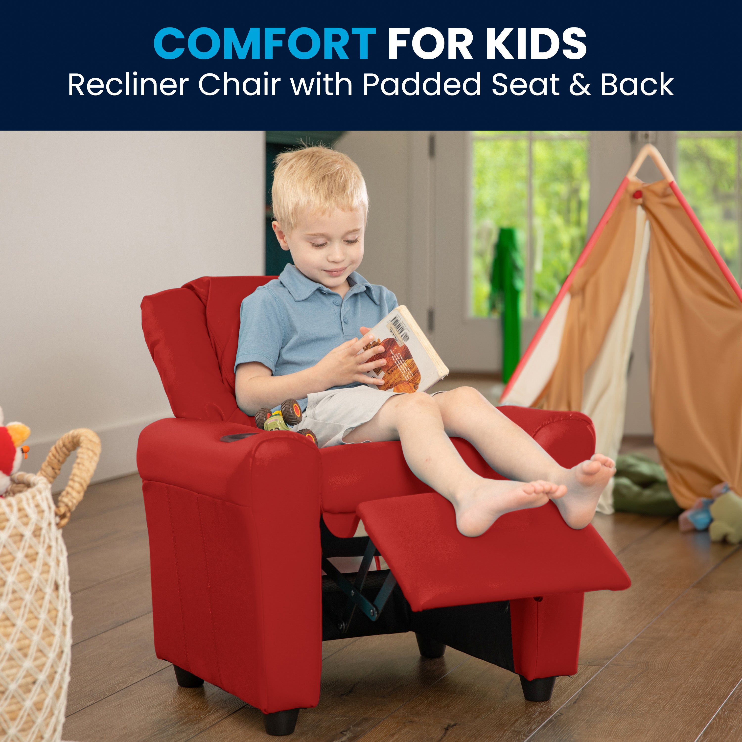 Vana Contemporary Red Vinyl Kids Recliner with Cup Holder and Headrest