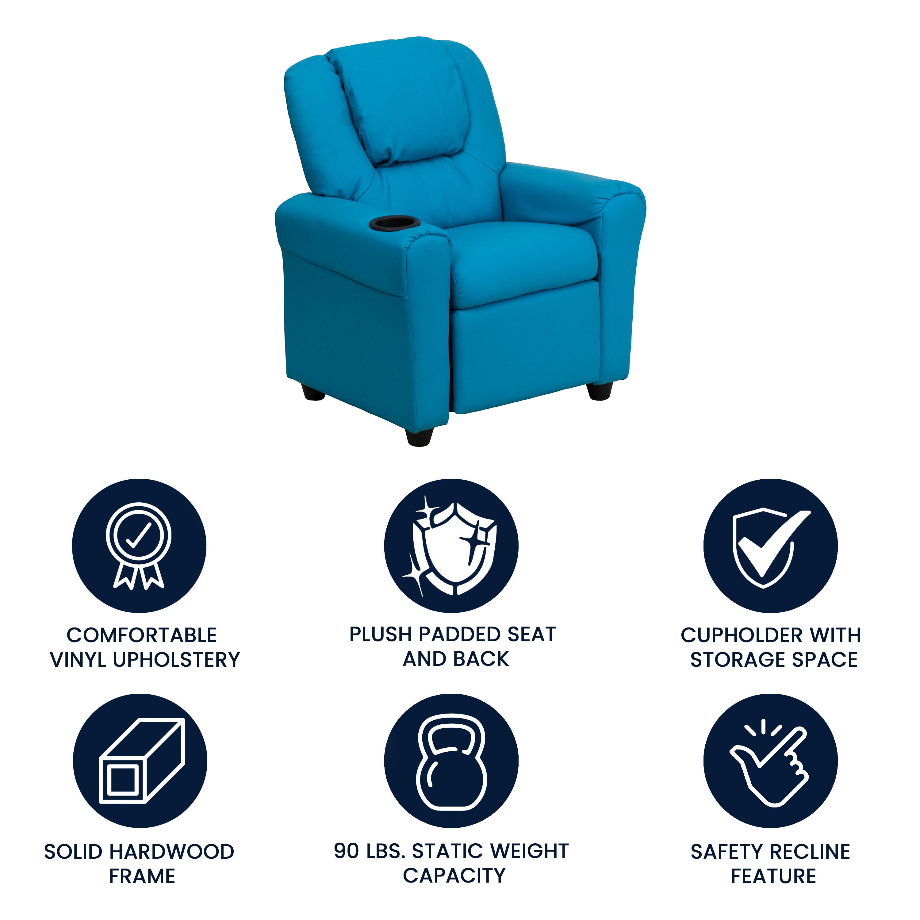 Vana Contemporary Turquoise Vinyl Kids Recliner with Cup Holder and Headrest
