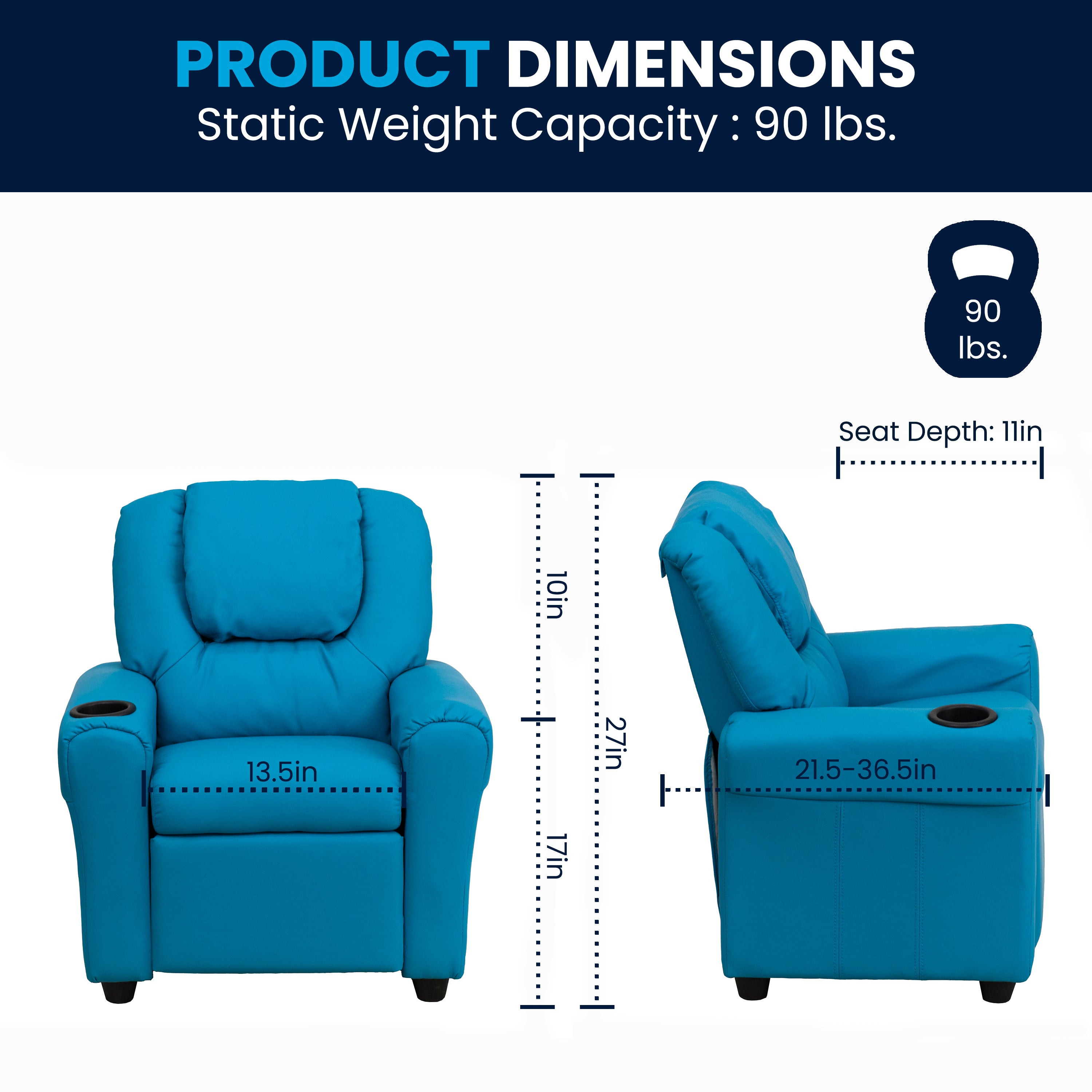 Vana Contemporary Turquoise Vinyl Kids Recliner with Cup Holder and Headrest
