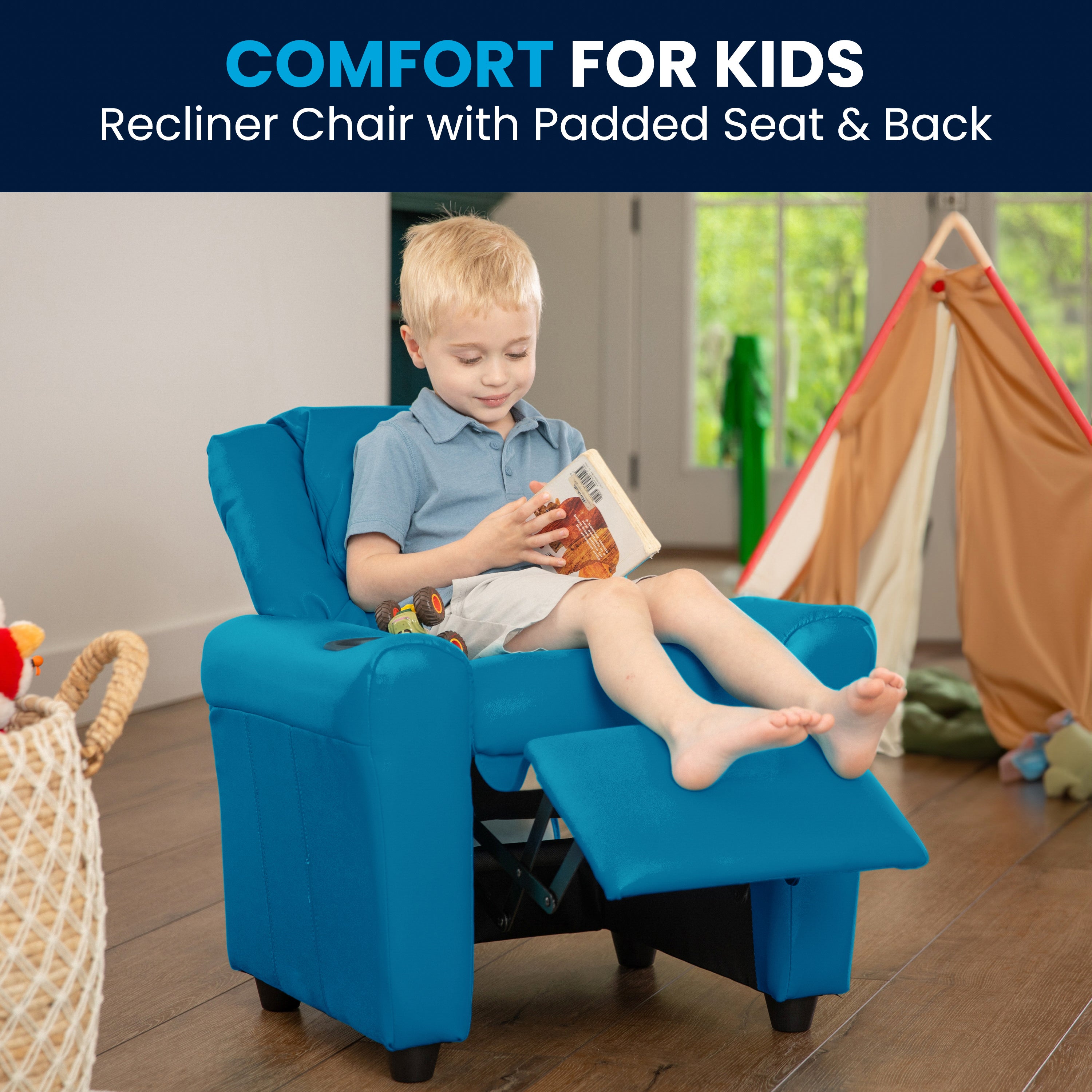 Vana Contemporary Turquoise Vinyl Kids Recliner with Cup Holder and Headrest
