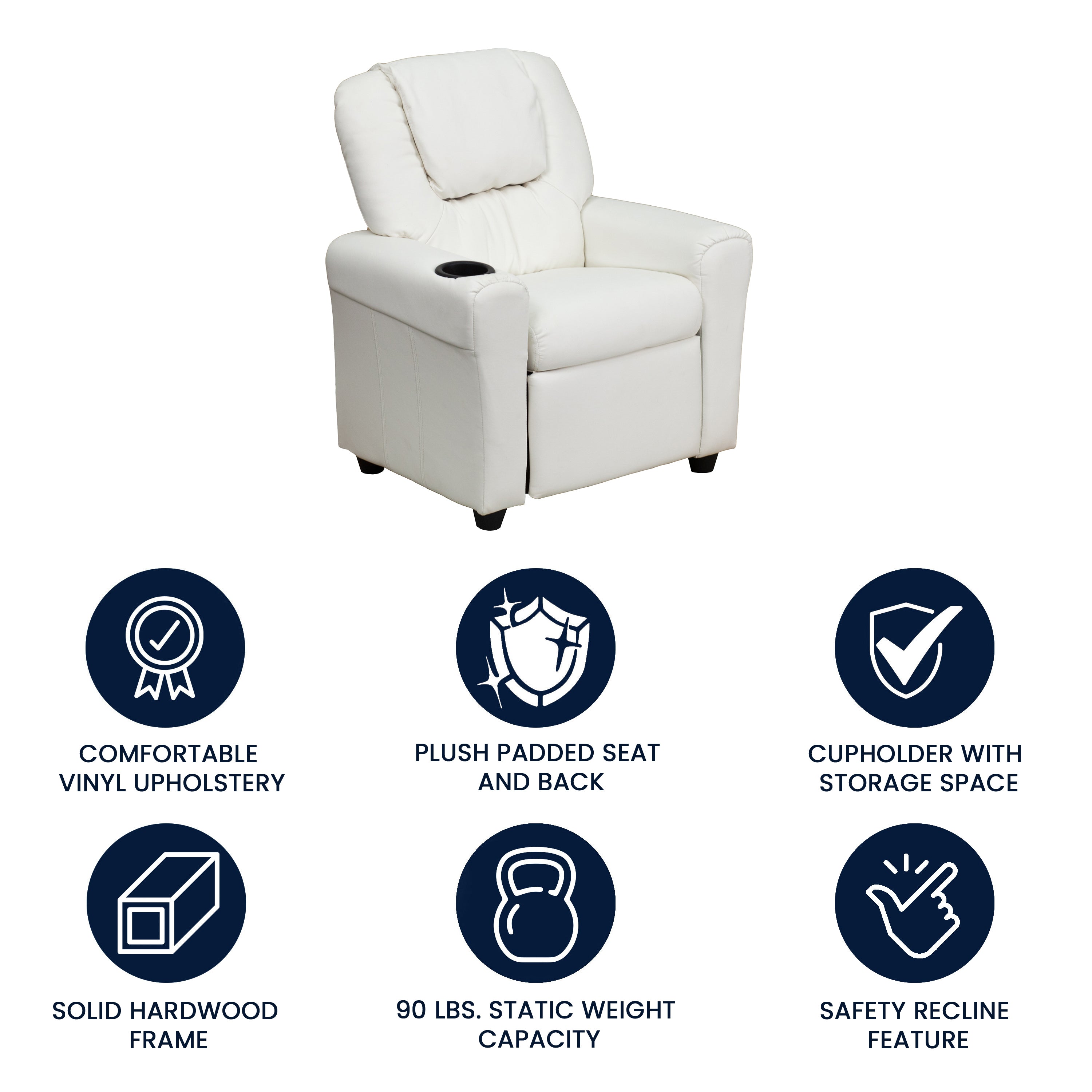 Vana Contemporary White Vinyl Kids Recliner with Cup Holder and Headrest