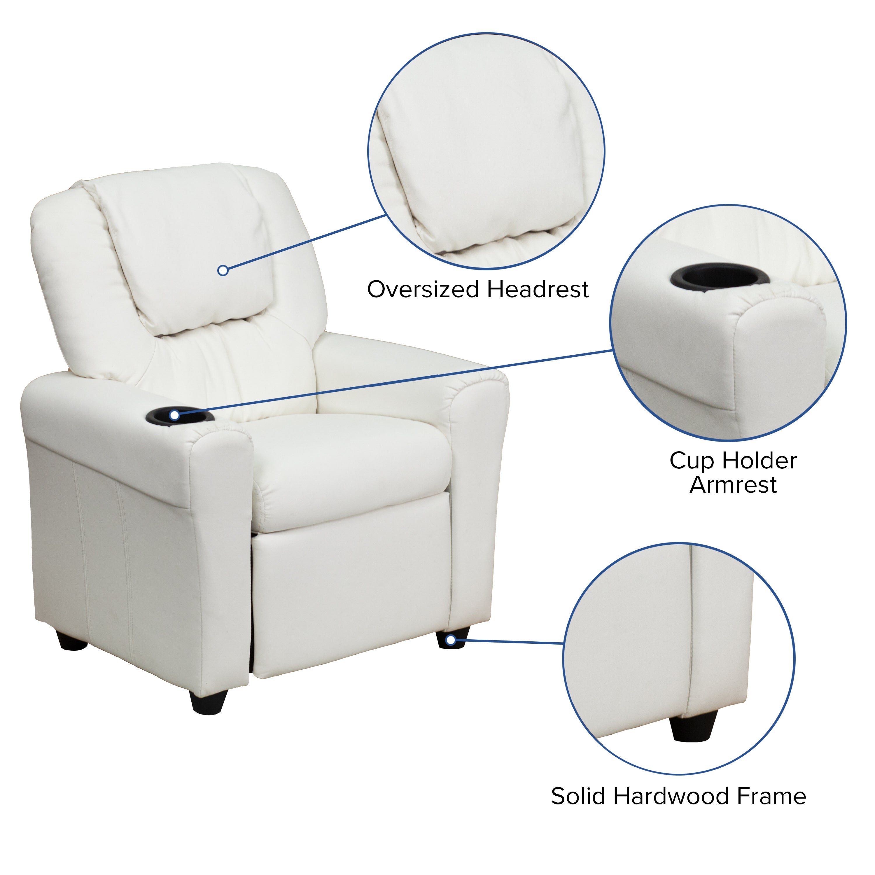 Vana Contemporary White Vinyl Kids Recliner with Cup Holder and Headrest