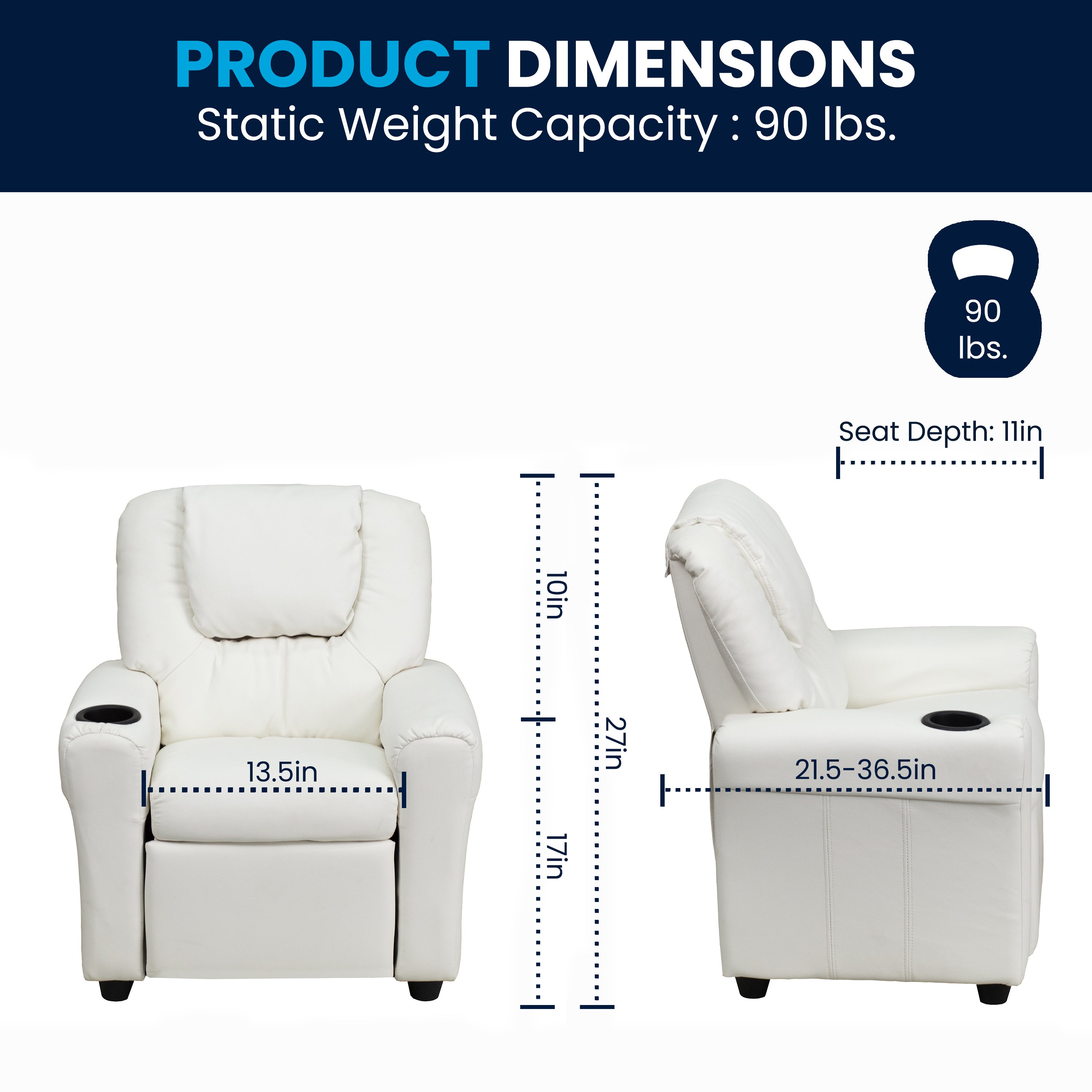 Vana Contemporary White Vinyl Kids Recliner with Cup Holder and Headrest