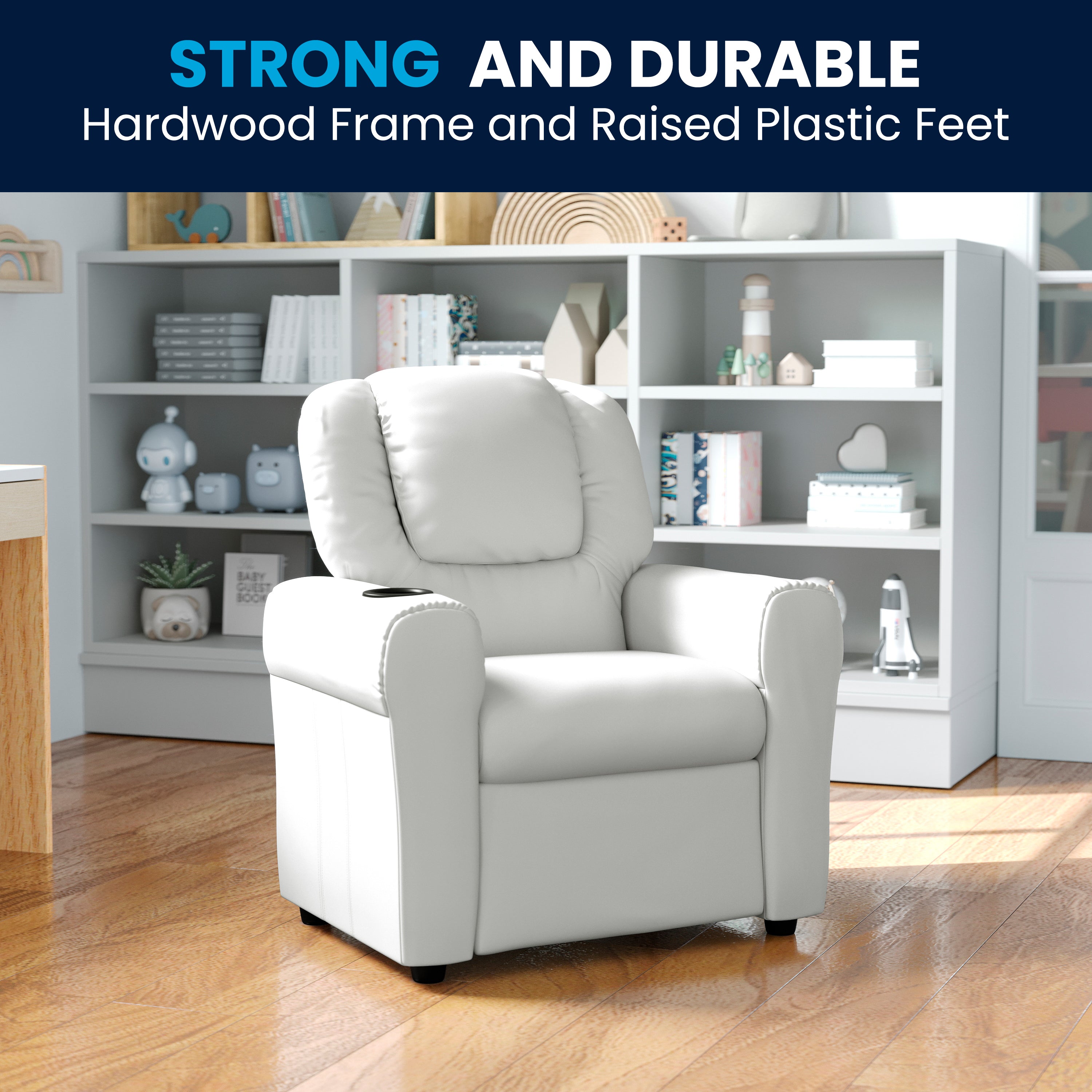 Vana Contemporary White Vinyl Kids Recliner with Cup Holder and Headrest