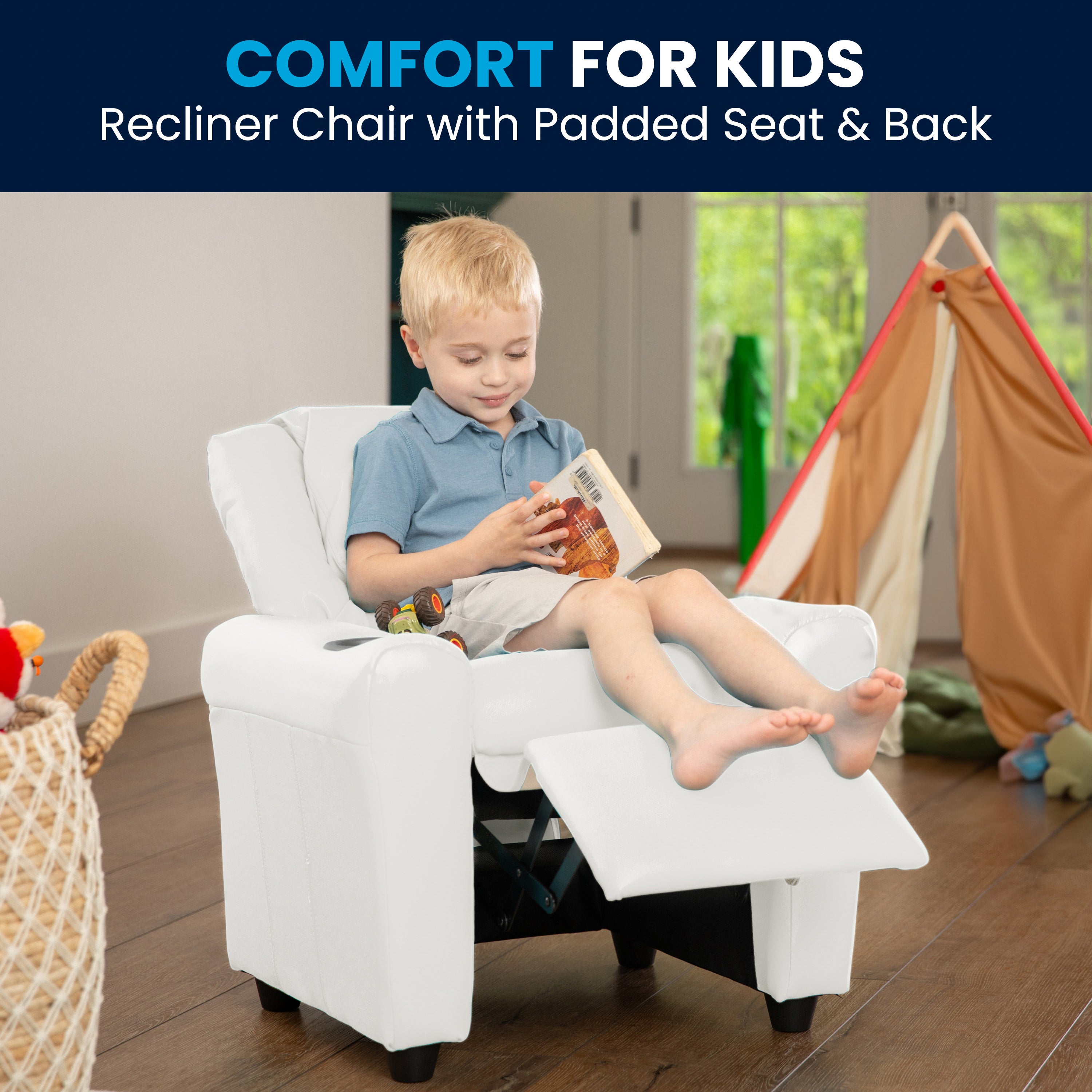 Vana Contemporary White Vinyl Kids Recliner with Cup Holder and Headrest