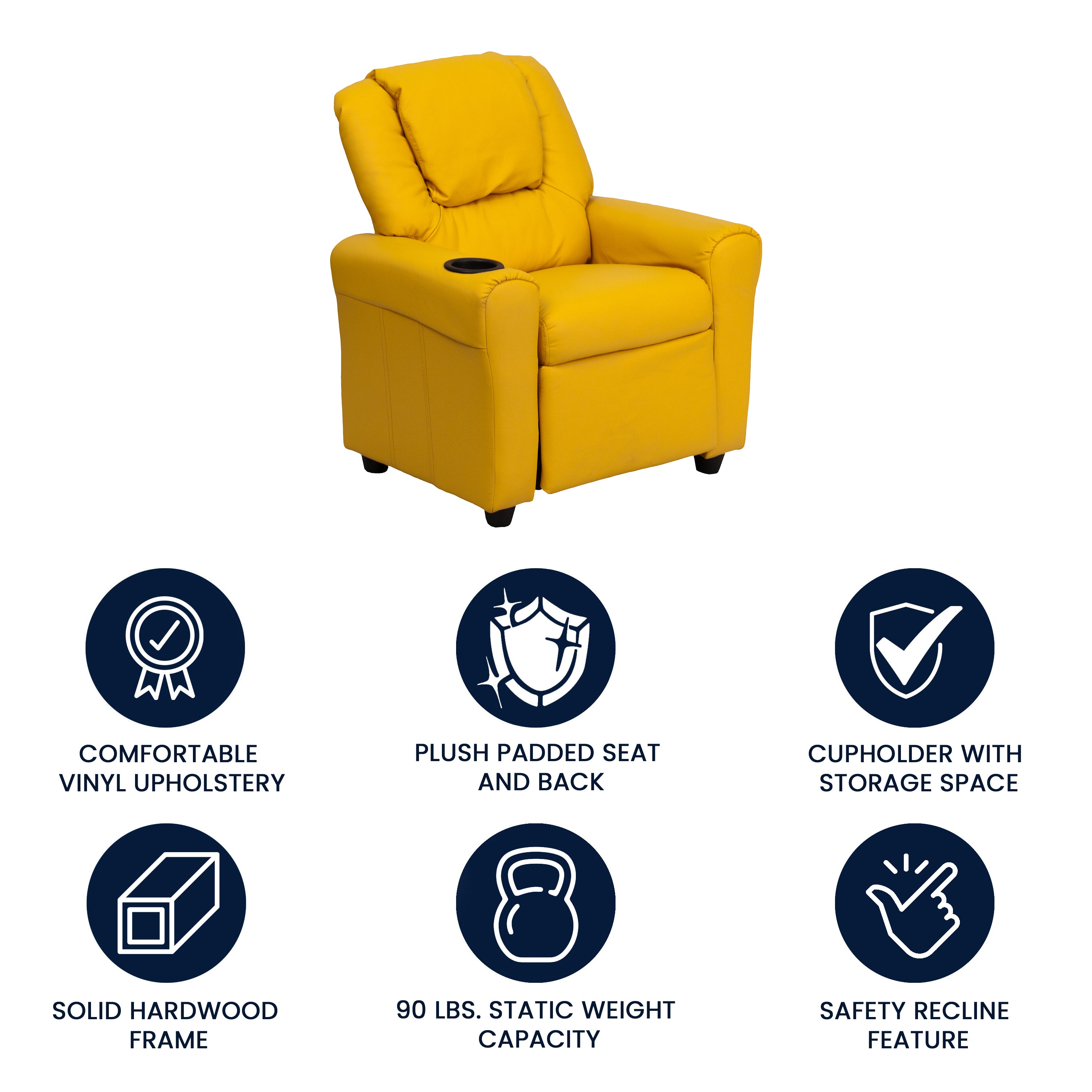 Vana Contemporary Yellow Vinyl Kids Recliner with Cup Holder and Headrest