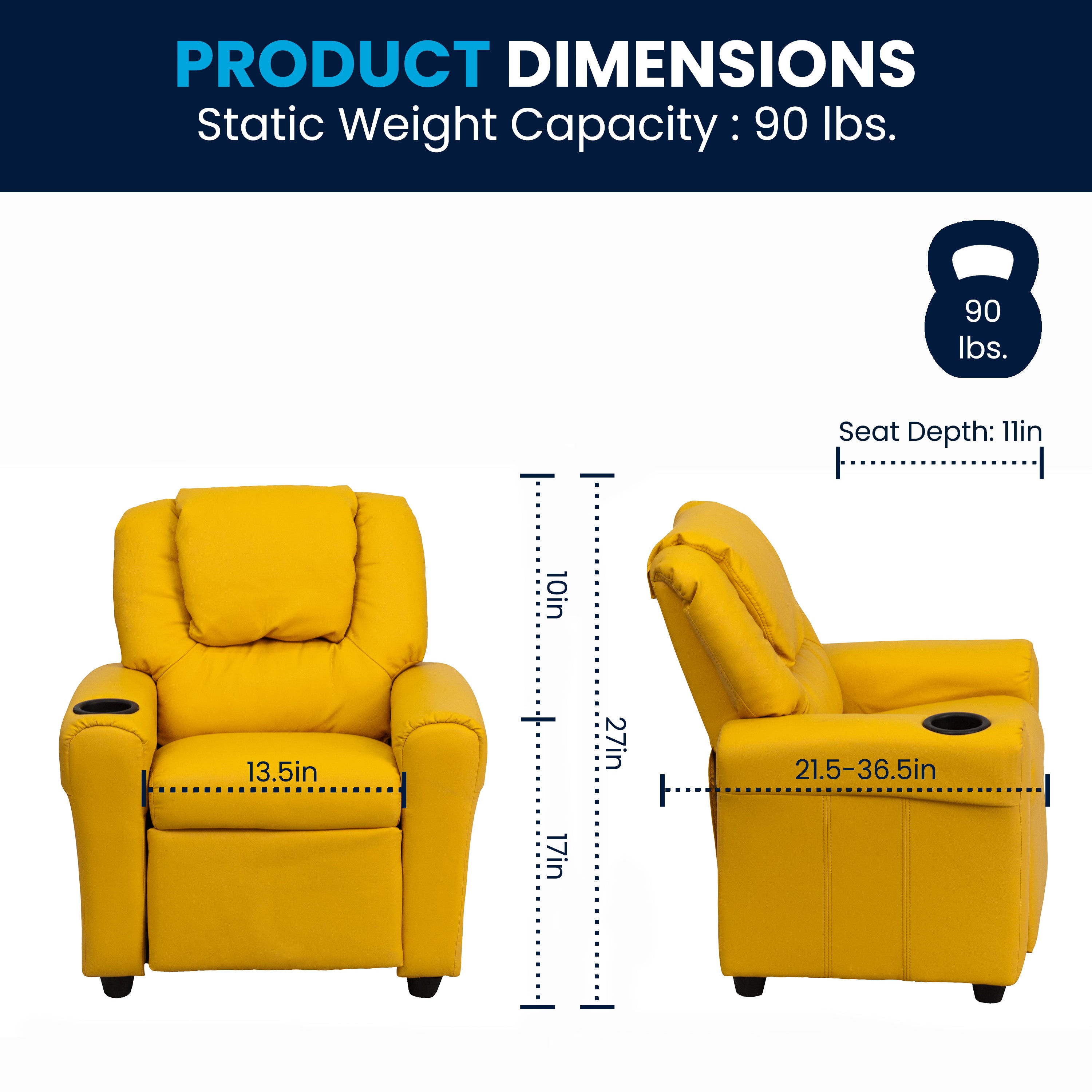 Vana Contemporary Yellow Vinyl Kids Recliner with Cup Holder and Headrest