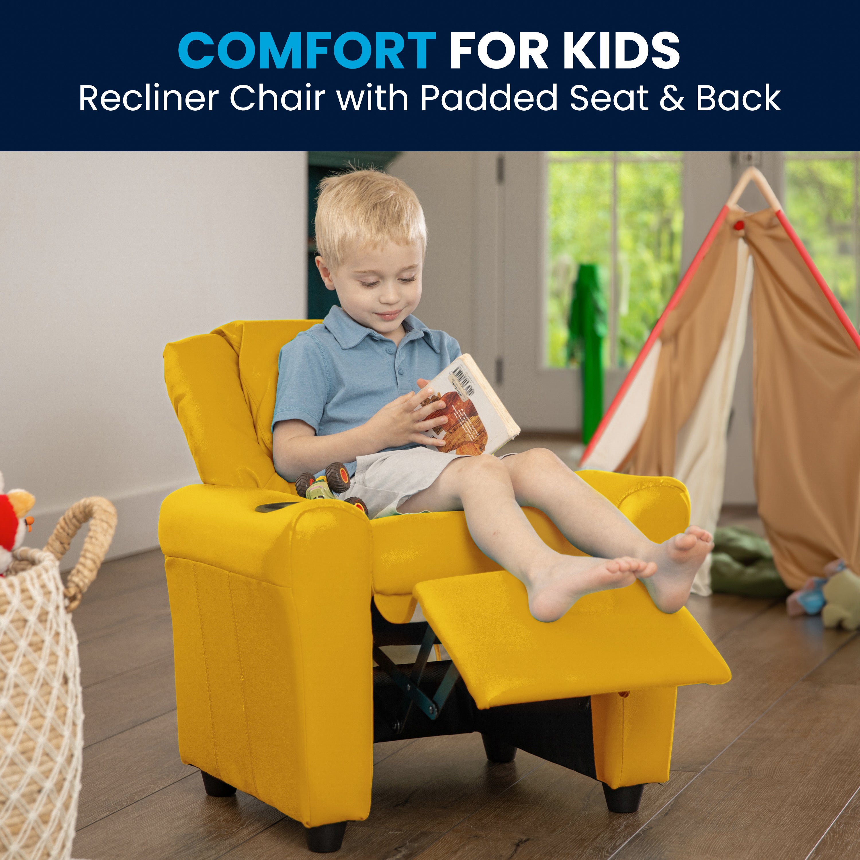 Vana Contemporary Yellow Vinyl Kids Recliner with Cup Holder and Headrest