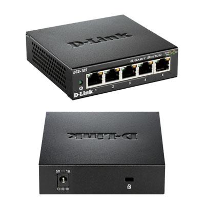 D-Link - 5-Port Gigabit Unmanaged Switch, Plug and Play Fanless Metal Compact Desktop Design (DGS-105) - Black