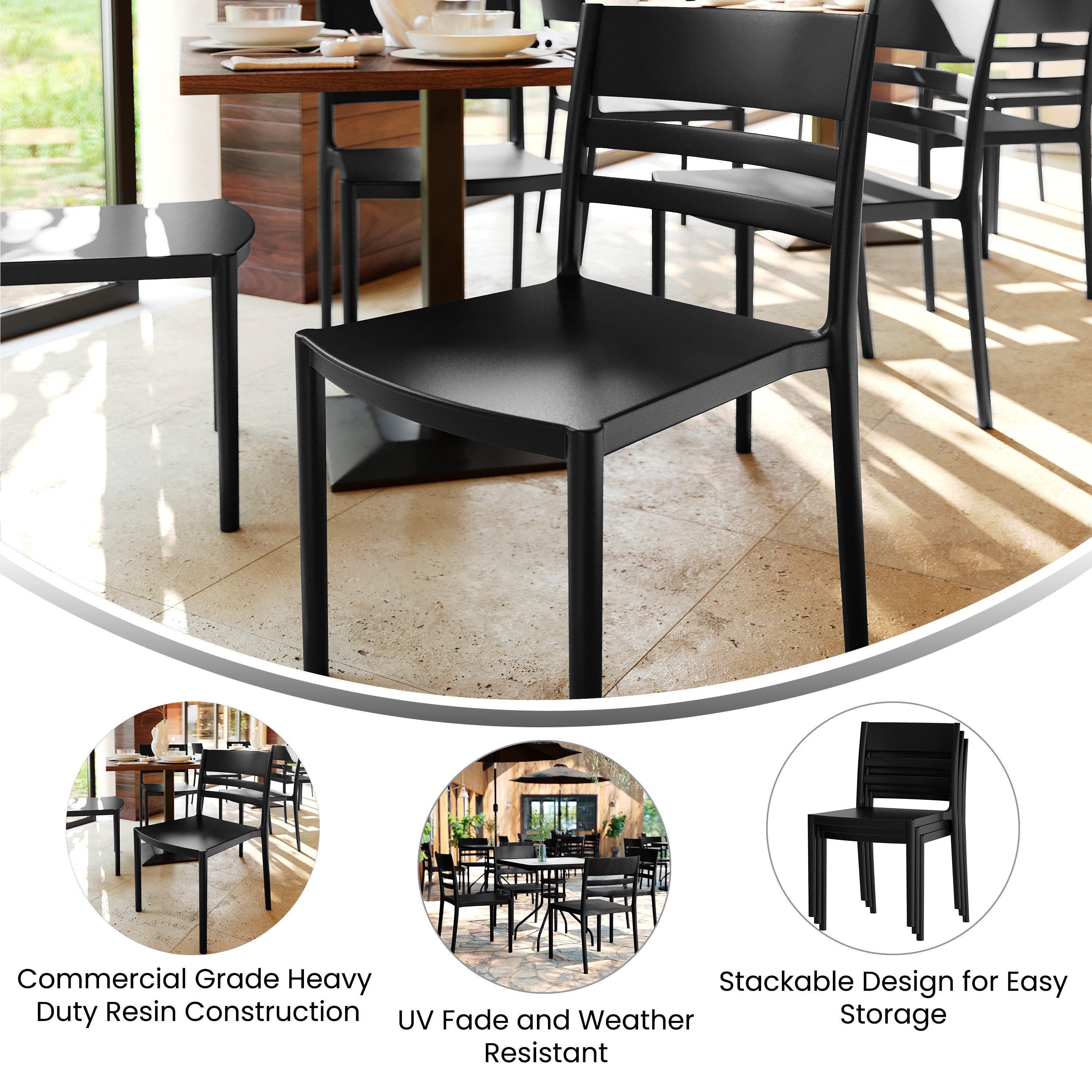 Bridgeport Indoor-Outdoor Stacking Patio Chair with Slatted Backrest, Commercial All-Weather Resin Chair in Black