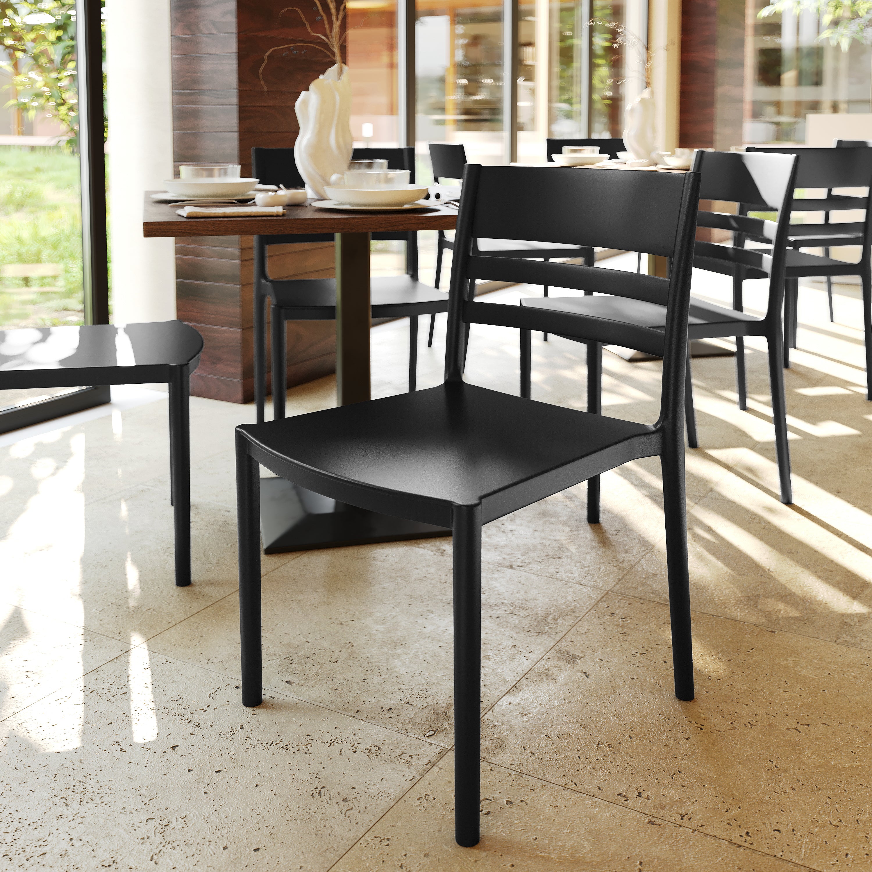 Bridgeport Indoor-Outdoor Stacking Patio Chair with Slatted Backrest, Commercial All-Weather Resin Chair in Black