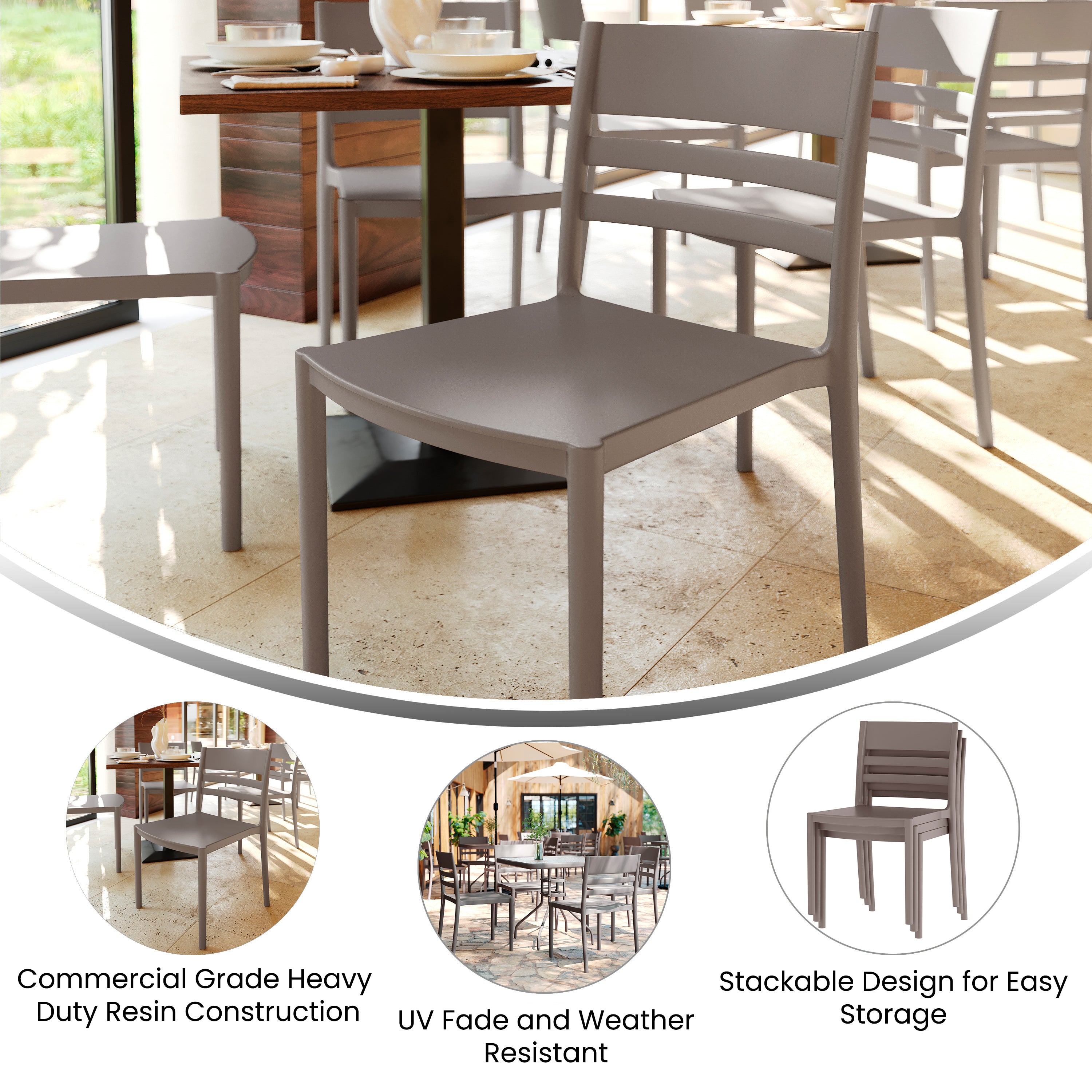 Bridgeport Indoor-Outdoor Stacking Patio Chair with Slatted Backrest, Commercial All-Weather Resin Chair in Gray