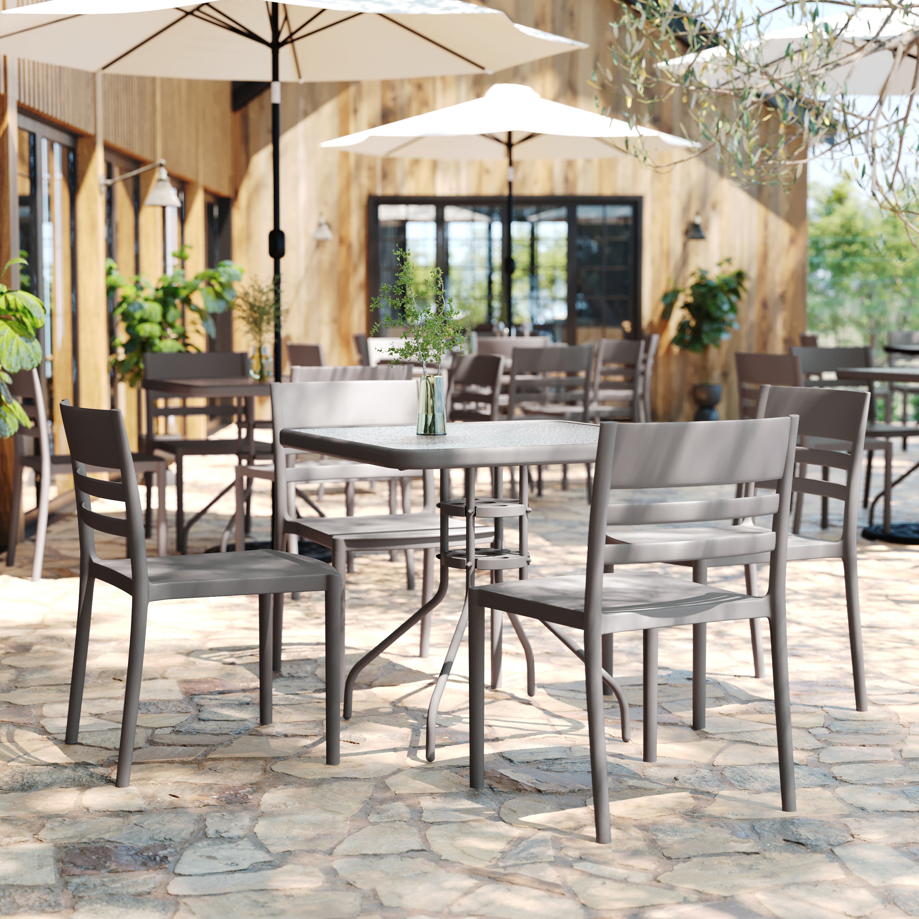 Bridgeport Indoor-Outdoor Stacking Patio Chair with Slatted Backrest, Commercial All-Weather Resin Chair in Gray