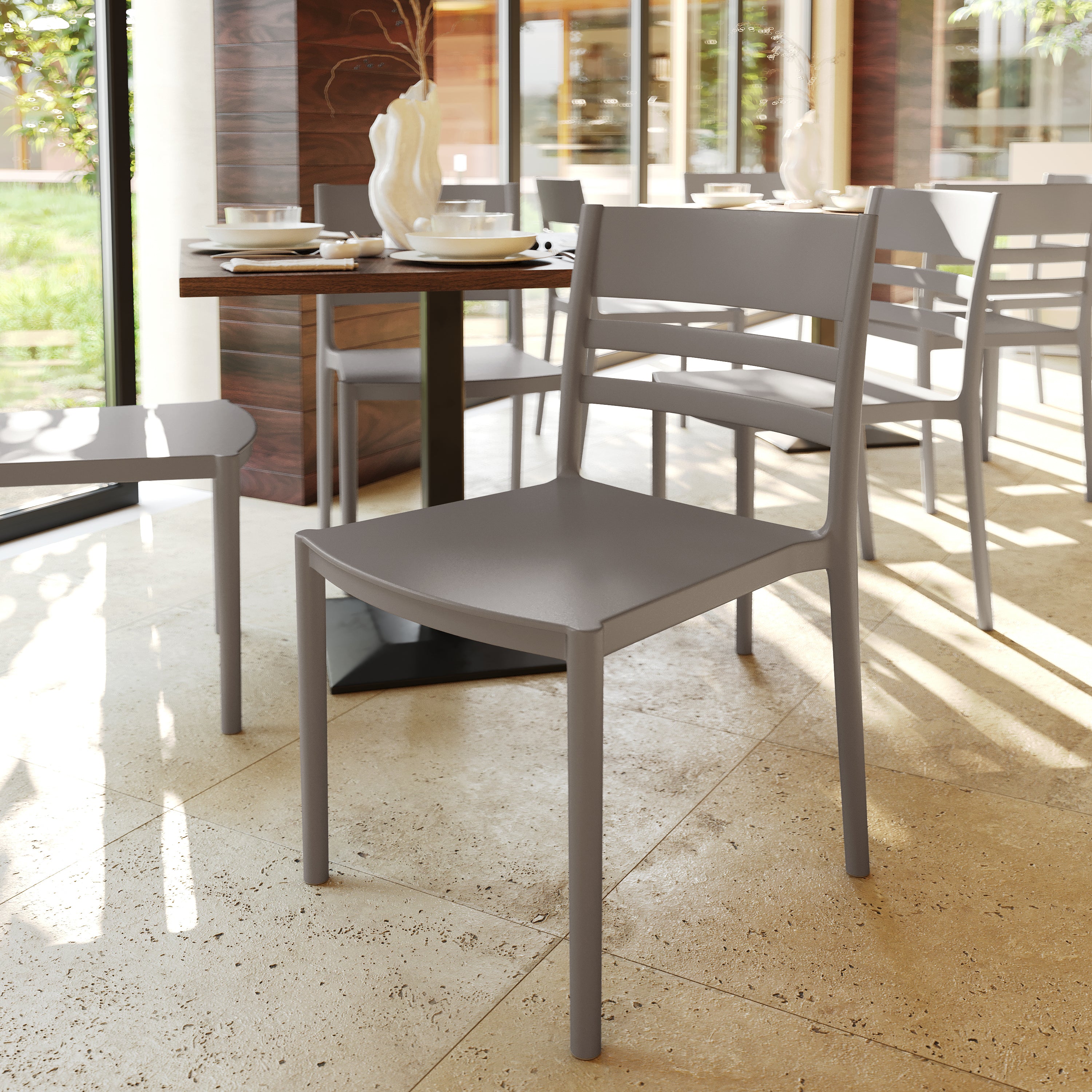 Bridgeport Indoor-Outdoor Stacking Patio Chair with Slatted Backrest, Commercial All-Weather Resin Chair in Gray