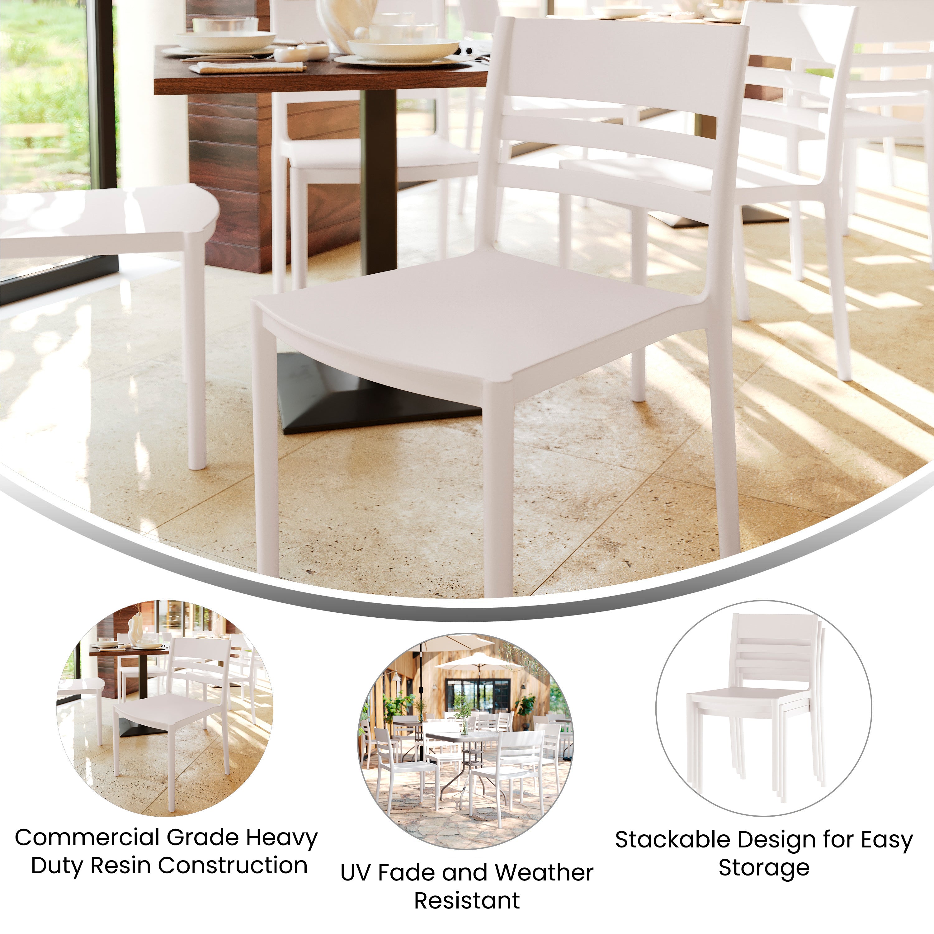 Bridgeport Indoor-Outdoor Stacking Patio Chair with Slatted Backrest, Commercial All-Weather Resin Chair in White