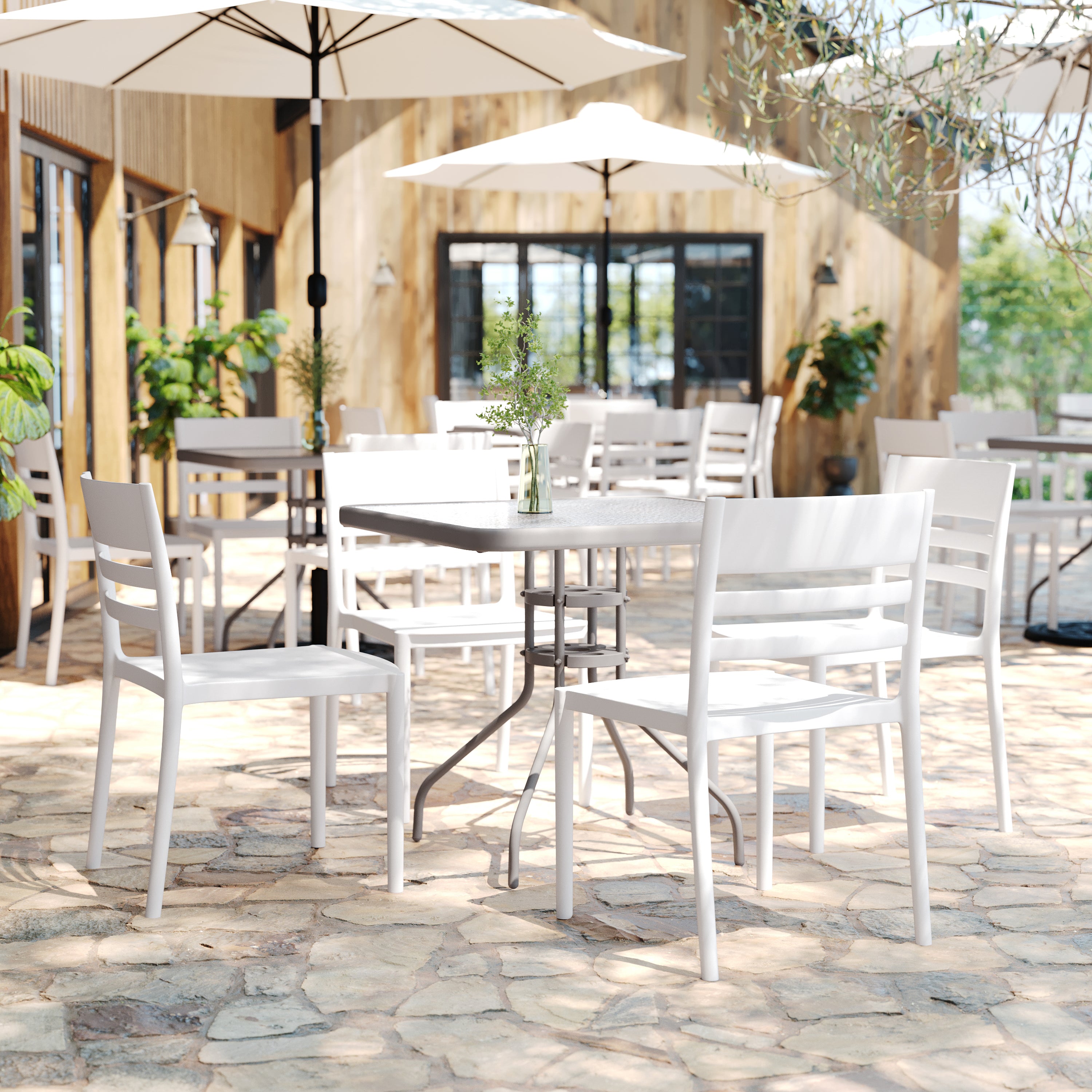 Bridgeport Indoor-Outdoor Stacking Patio Chair with Slatted Backrest, Commercial All-Weather Resin Chair in White