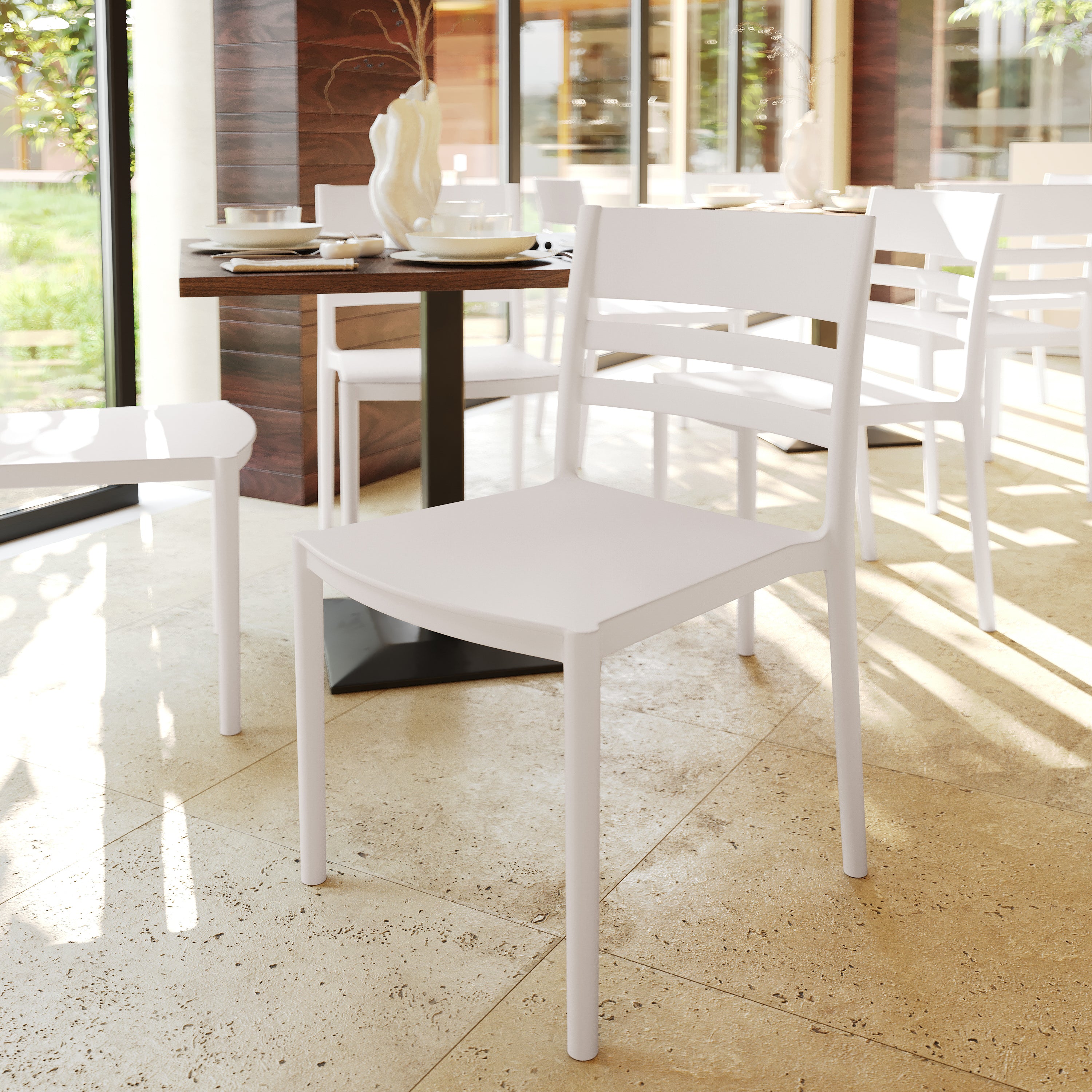 Bridgeport Indoor-Outdoor Stacking Patio Chair with Slatted Backrest, Commercial All-Weather Resin Chair in White