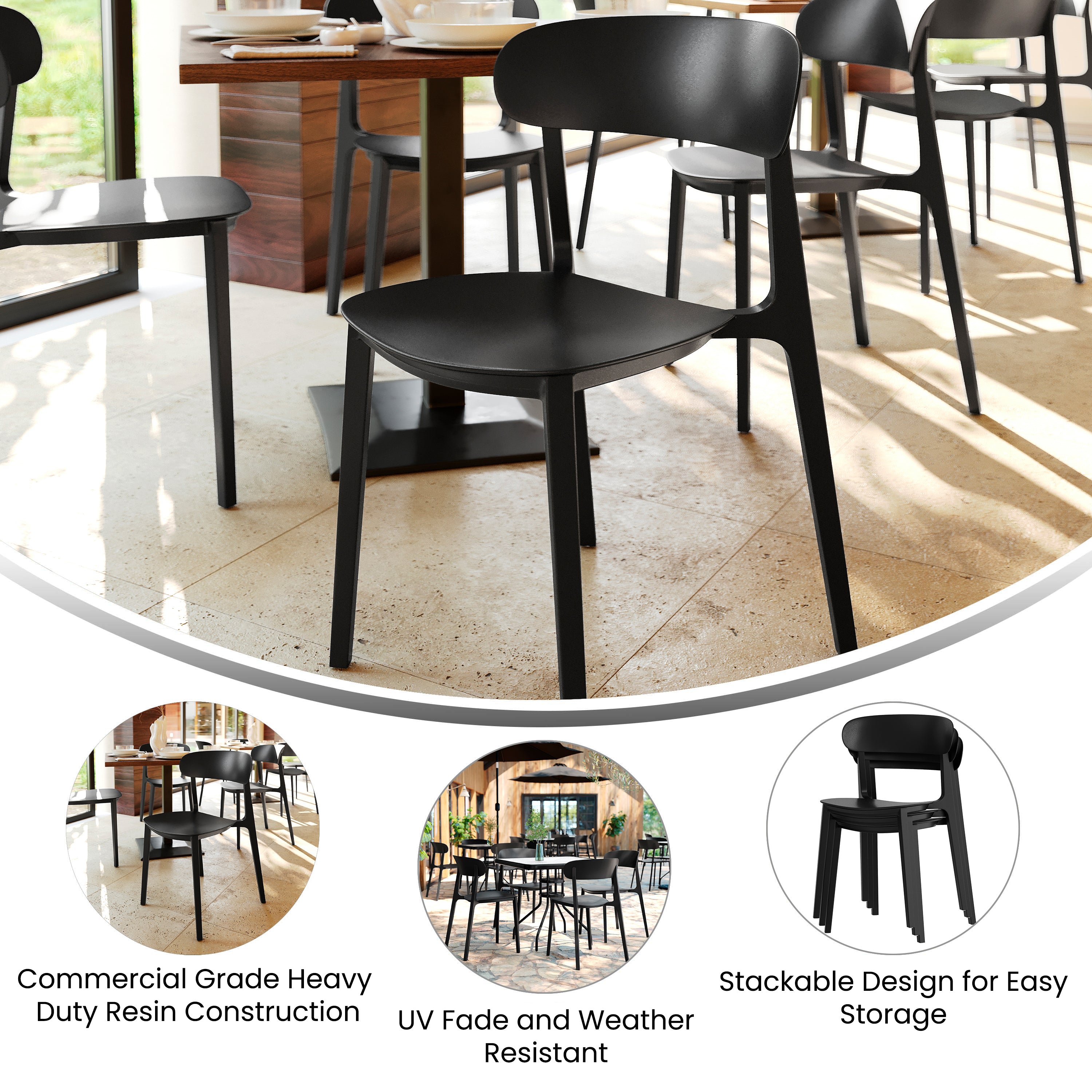 Dover Indoor-Outdoor Stacking Patio Chair with Curved Backrest, Commercial All-Weather Resin Chair in Black