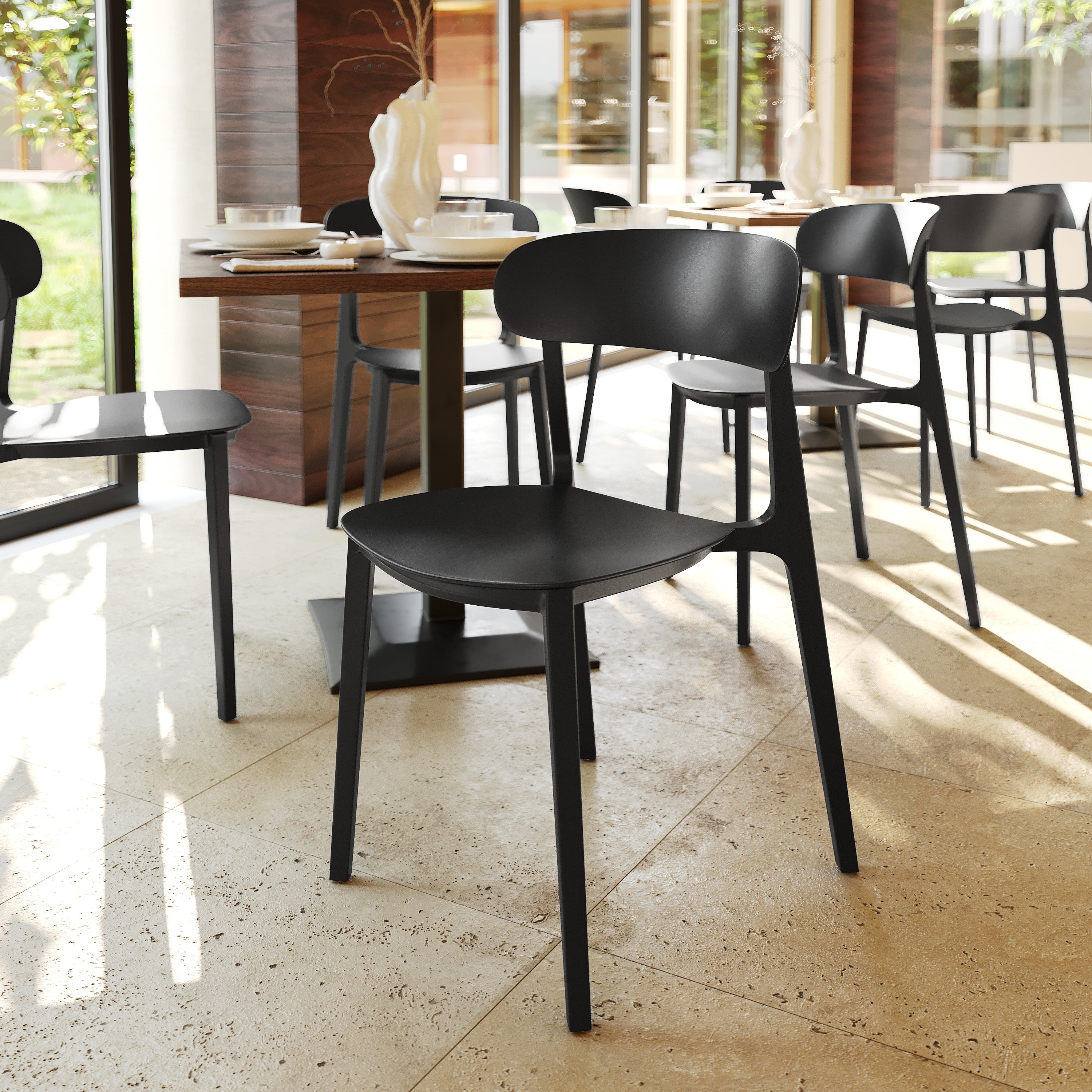 Dover Indoor-Outdoor Stacking Patio Chair with Curved Backrest, Commercial All-Weather Resin Chair in Black