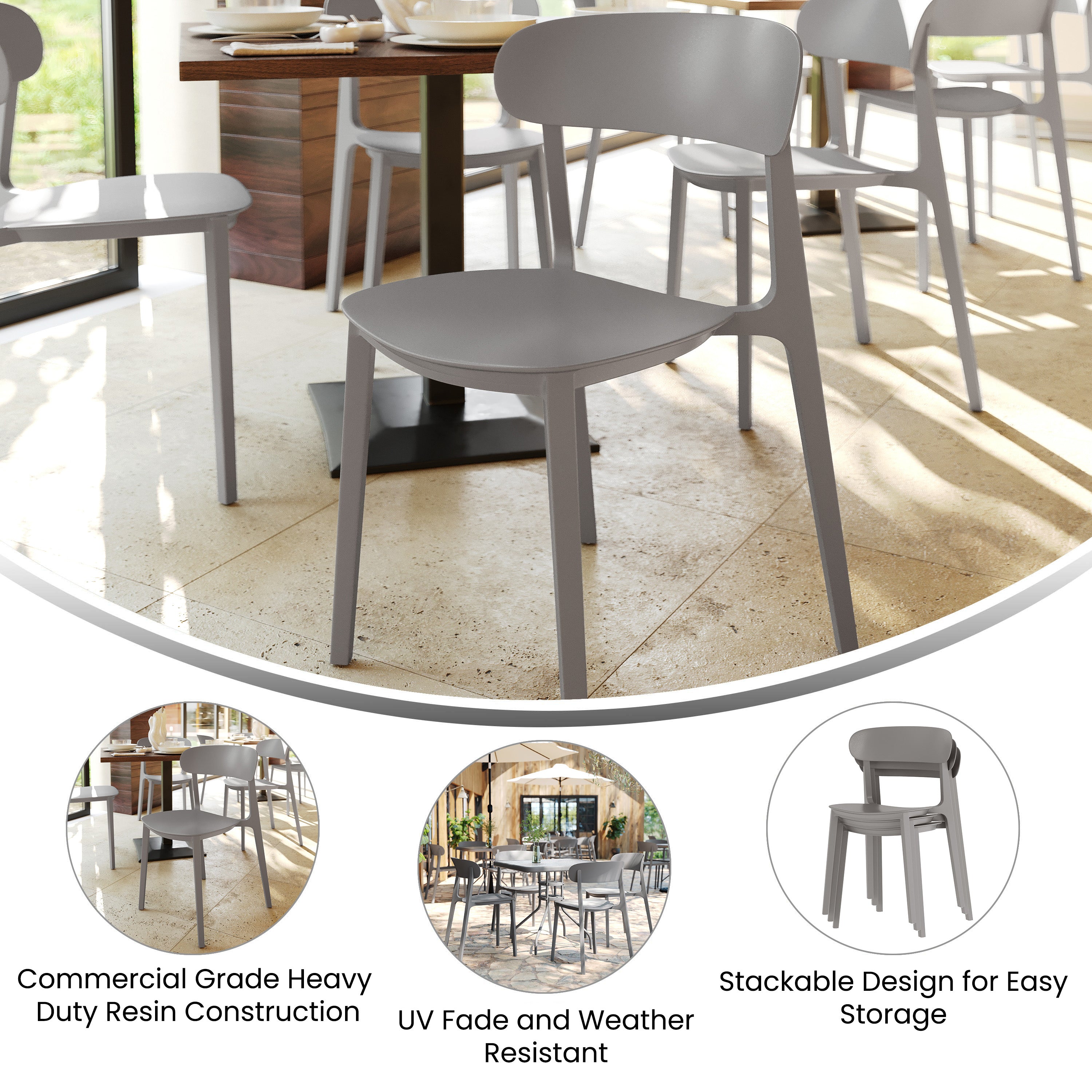 Dover Indoor-Outdoor Stacking Patio Chair with Curved Backrest, Commercial All-Weather Resin Chair in Gray