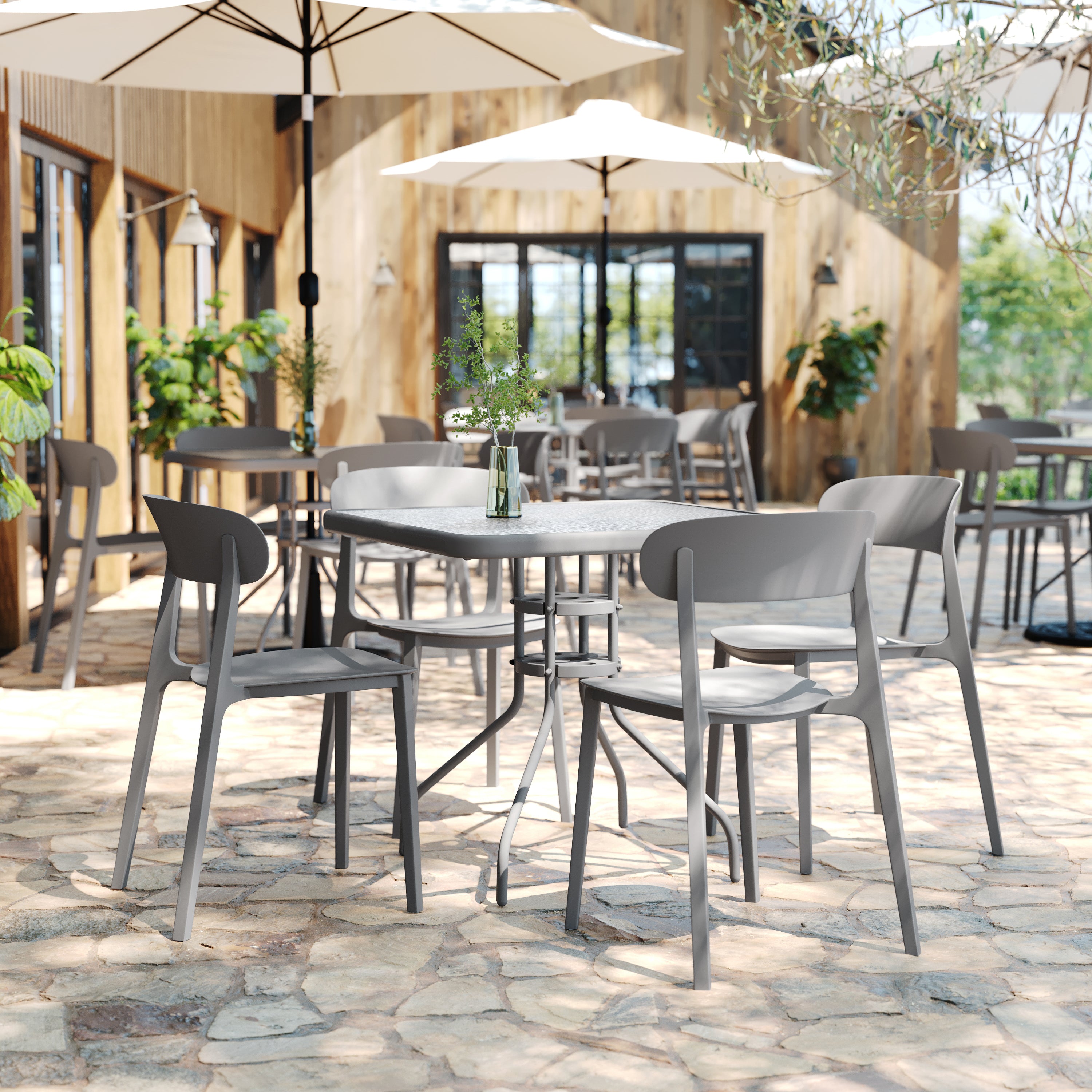 Dover Indoor-Outdoor Stacking Patio Chair with Curved Backrest, Commercial All-Weather Resin Chair in Gray