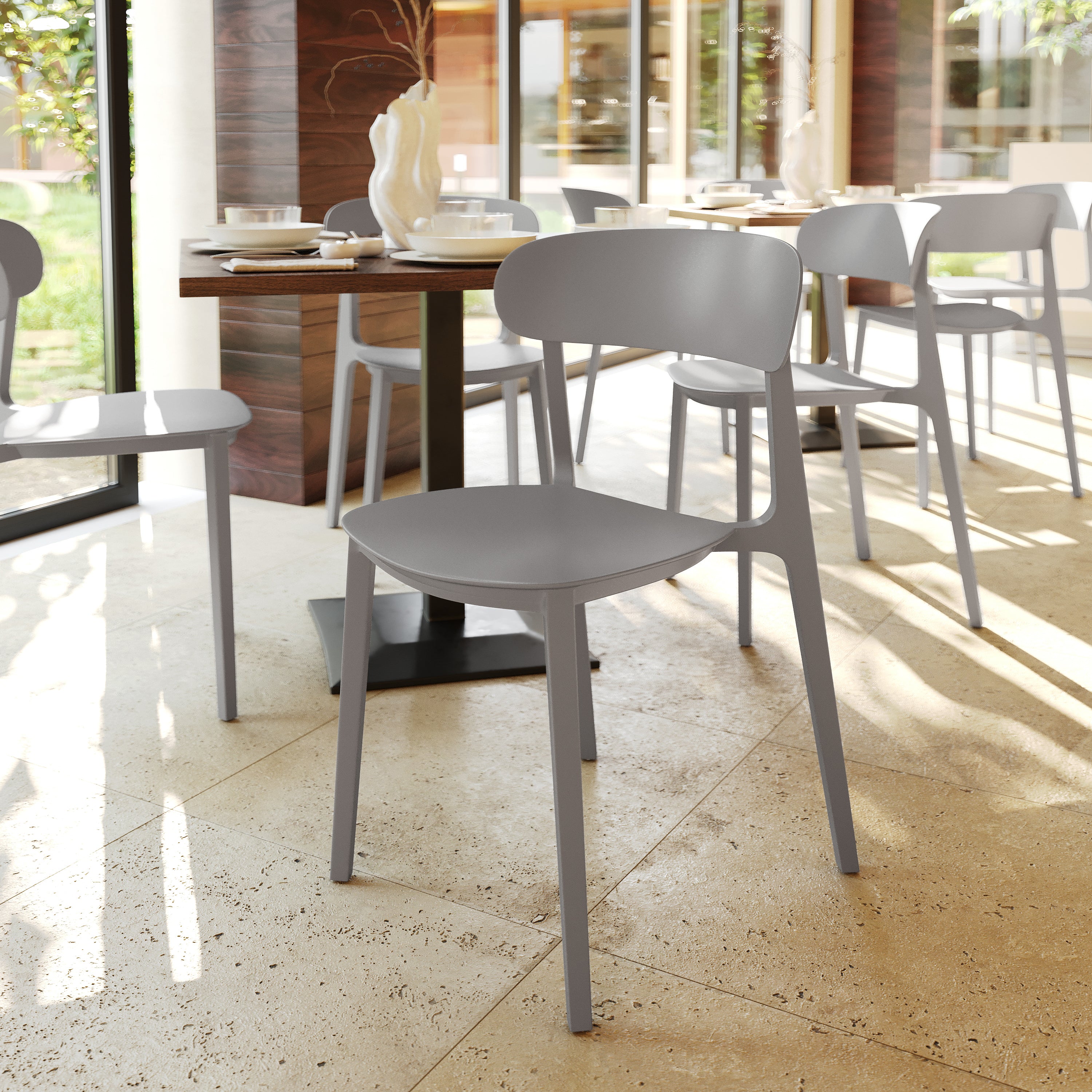 Dover Indoor-Outdoor Stacking Patio Chair with Curved Backrest, Commercial All-Weather Resin Chair in Gray