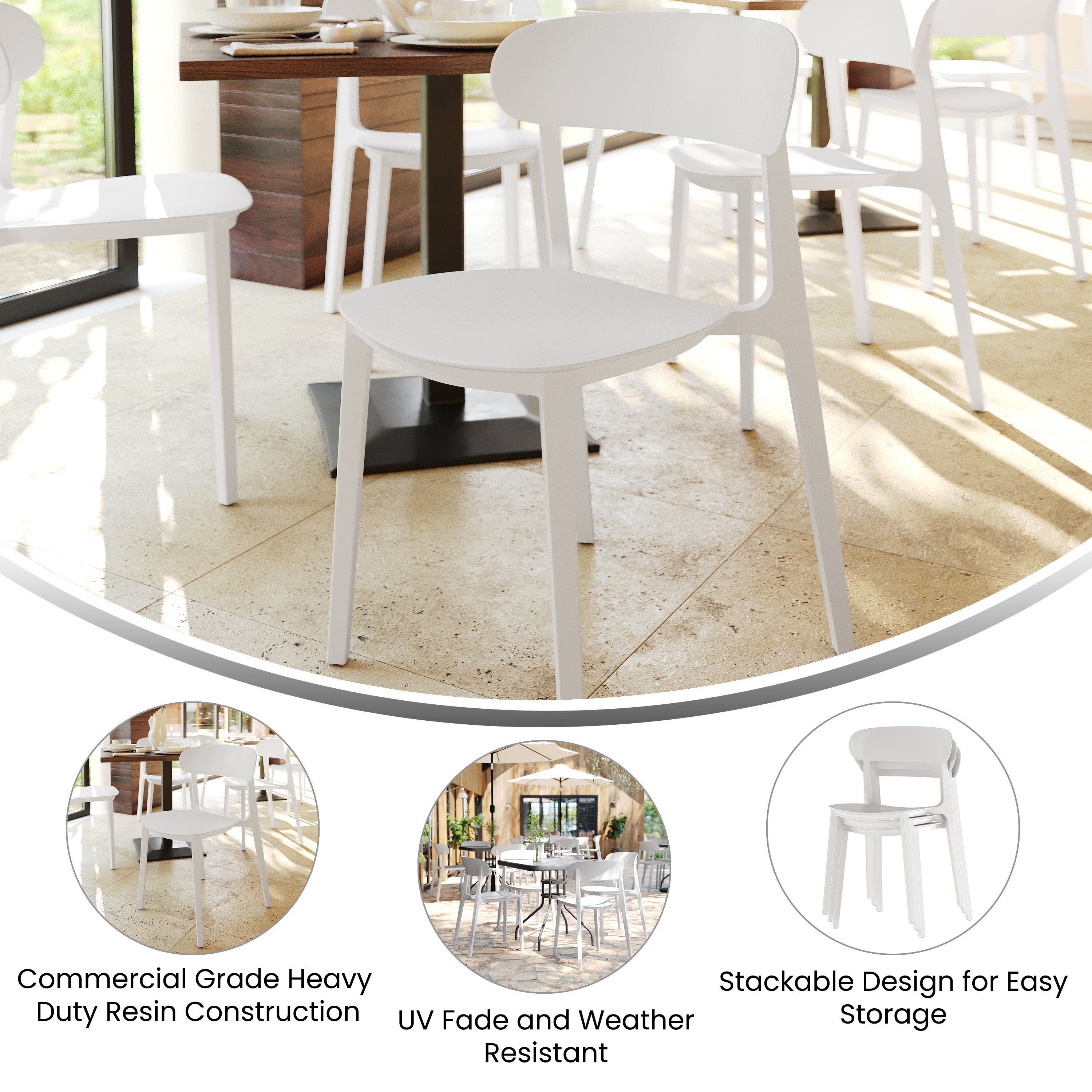 Dover Indoor-Outdoor Stacking Patio Chair with Curved Backrest, Commercial All-Weather Resin Chair in White