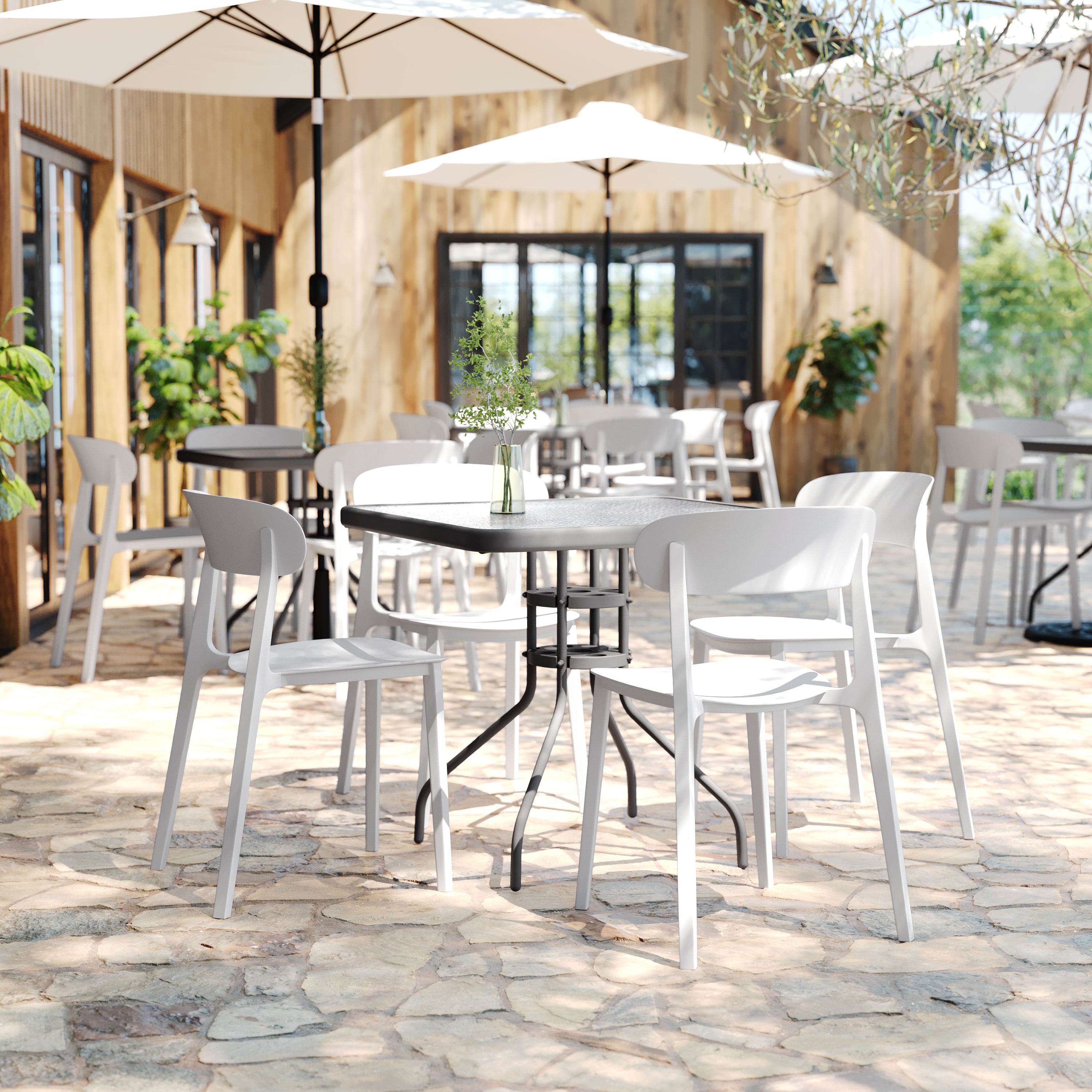 Dover Indoor-Outdoor Stacking Patio Chair with Curved Backrest, Commercial All-Weather Resin Chair in White