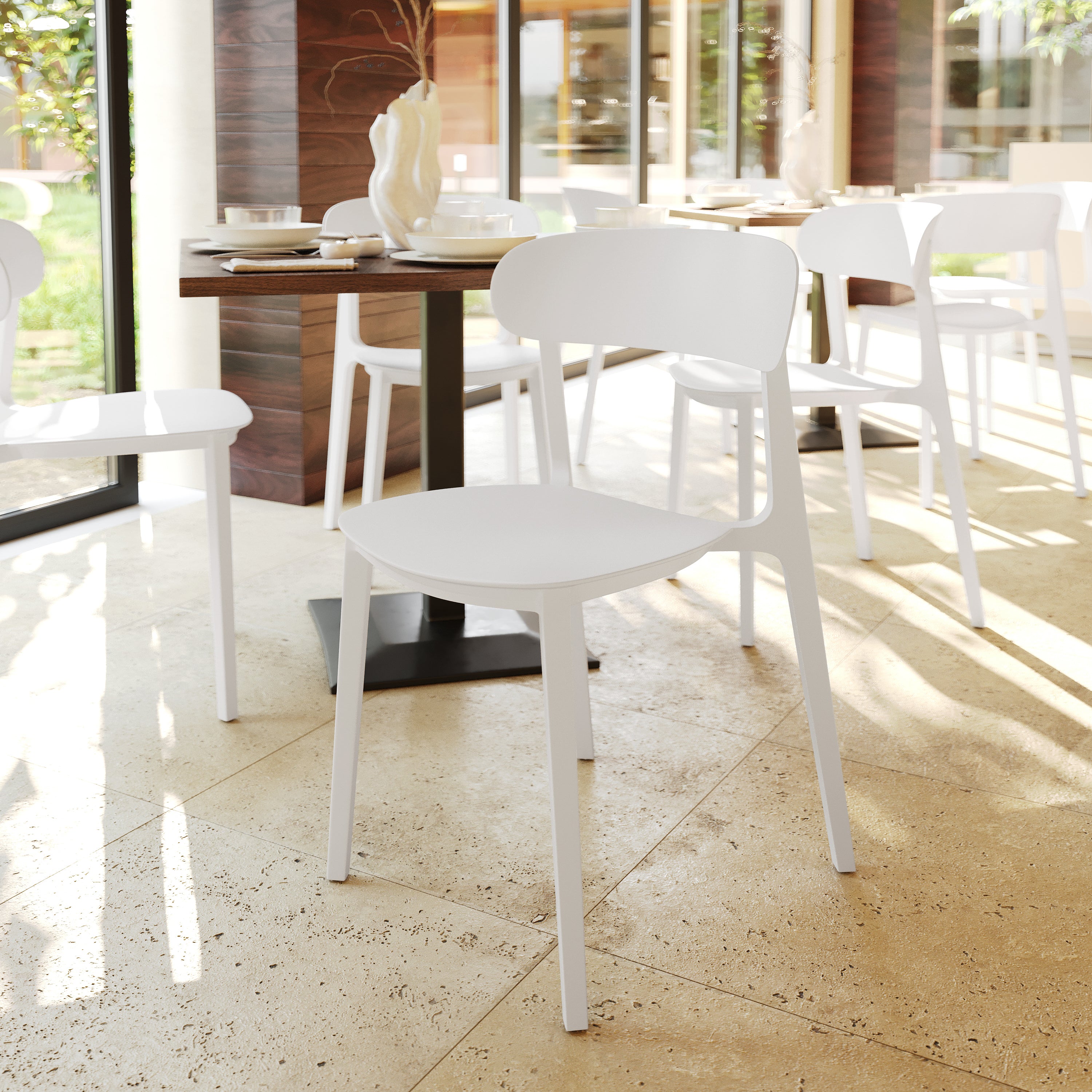 Dover Indoor-Outdoor Stacking Patio Chair with Curved Backrest, Commercial All-Weather Resin Chair in White