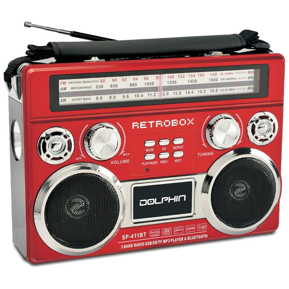Dolphin Audio Dolphin RETROBOX Portable Bluetooth Speaker with Radio, AC/DC Power, Rechargeable Battery, USB/SD/FM/AM/SW/AUX, and High Sensitivity Antenna with Leather Handle and Shoulder Strap (SP-411BT) - Red