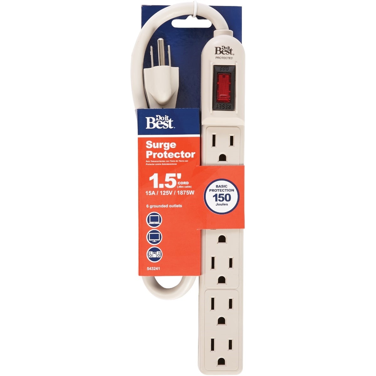 6-Outlet 150J Gray Grounded Surge Protector Strip with 1-1/2 Ft. Cord