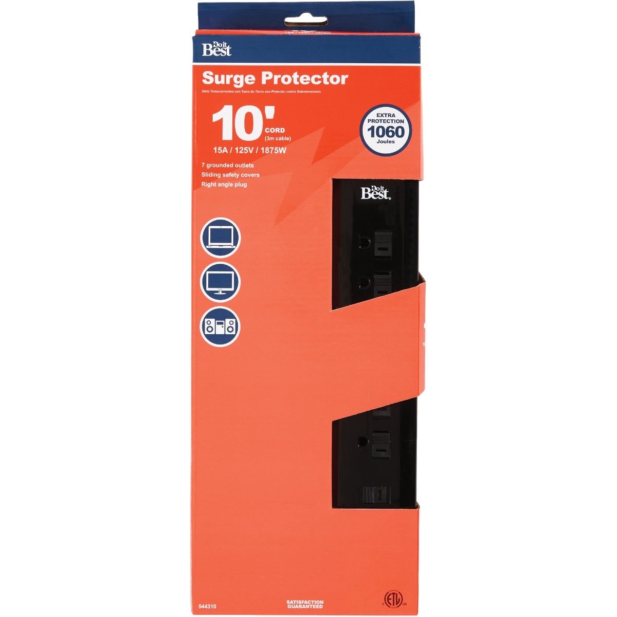 7-Outlet 1060J Black Surge Protector with 10 Ft. Cord
