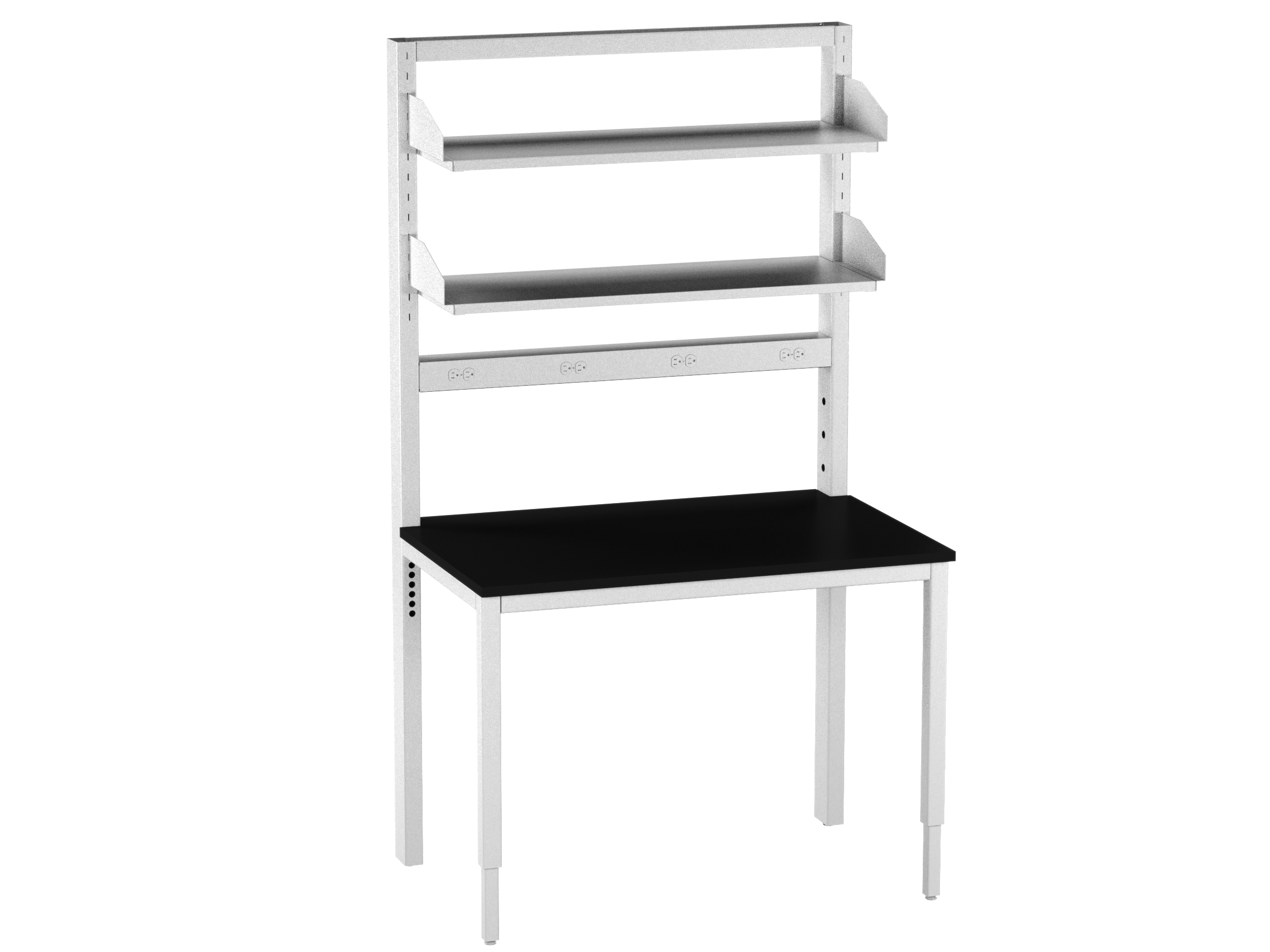 Integra Bench, 48"W x 30"D, Glide Base, Epoxy Top, Off-White Epoxy Powder Coat Finish, Standard 4 White Duplex Outlets (Single Circuit), Knocked-Down Two-Part Assembly, Includes Two Configurable Shelves(16"W x 43.875"L)