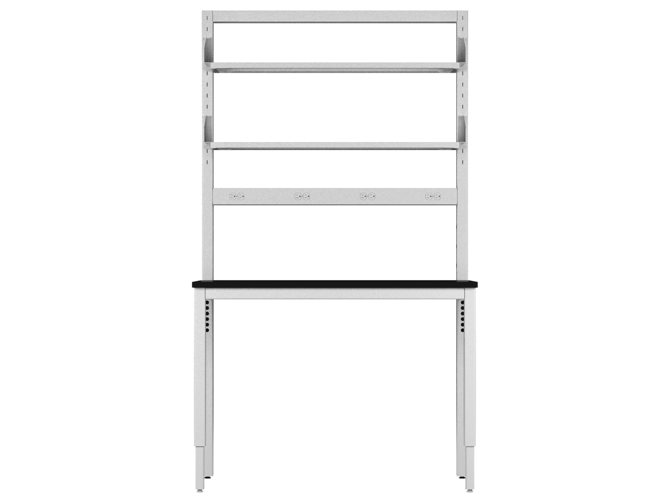 Integra Bench, 48"W x 30"D, Glide Base, Epoxy Top, Off-White Epoxy Powder Coat Finish, Standard 4 White Duplex Outlets (Single Circuit), Knocked-Down Two-Part Assembly, Includes Two Configurable Shelves(16"W x 43.875"L)