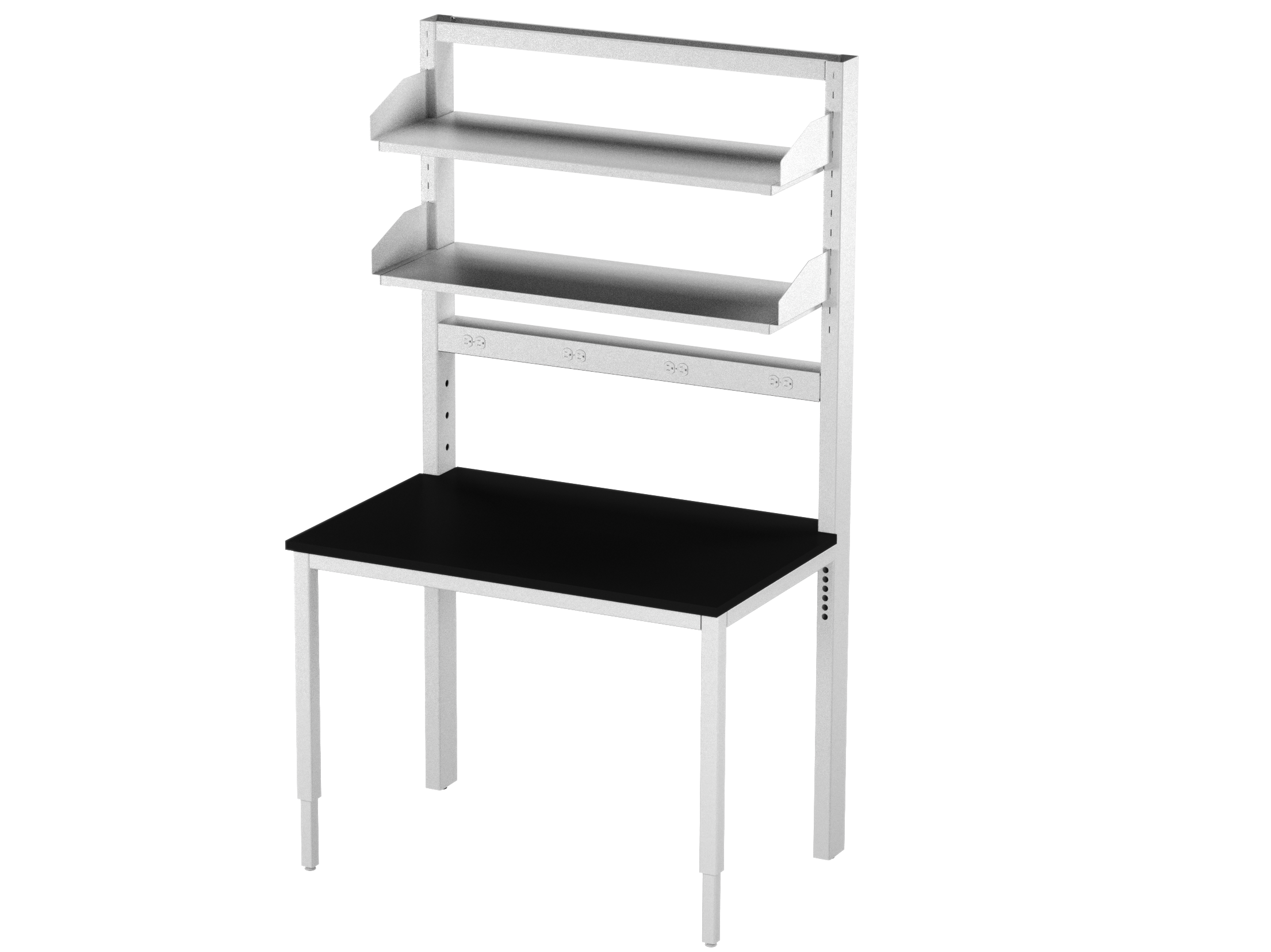 Integra Bench, 48"W x 30"D, Glide Base, Epoxy Top, Off-White Epoxy Powder Coat Finish, Standard 4 White Duplex Outlets (Single Circuit), Knocked-Down Two-Part Assembly, Includes Two Configurable Shelves(16"W x 43.875"L)