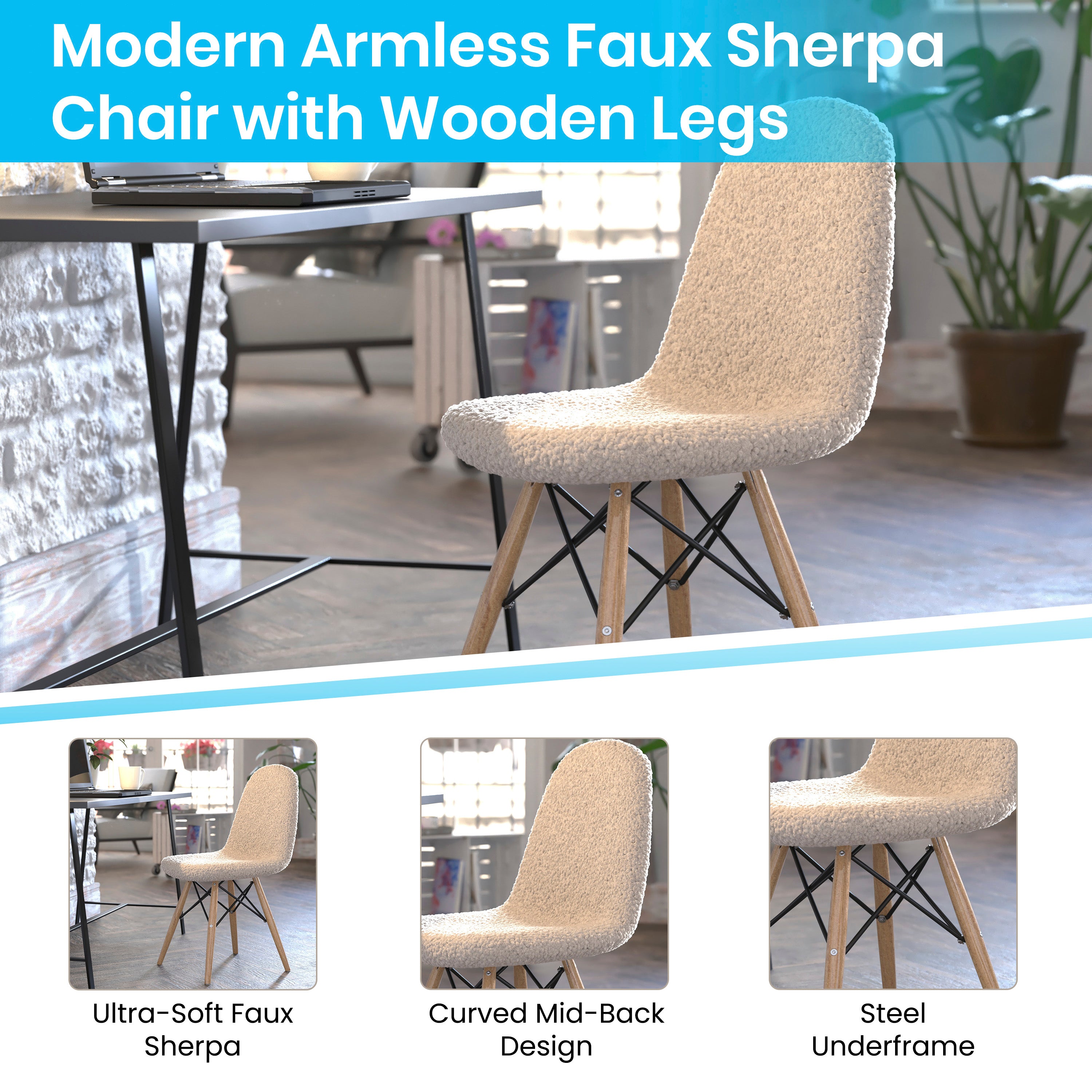 Zula Modern Padded Armless Faux Shearling Accent Chair with Beechwood Legs in Off-White
