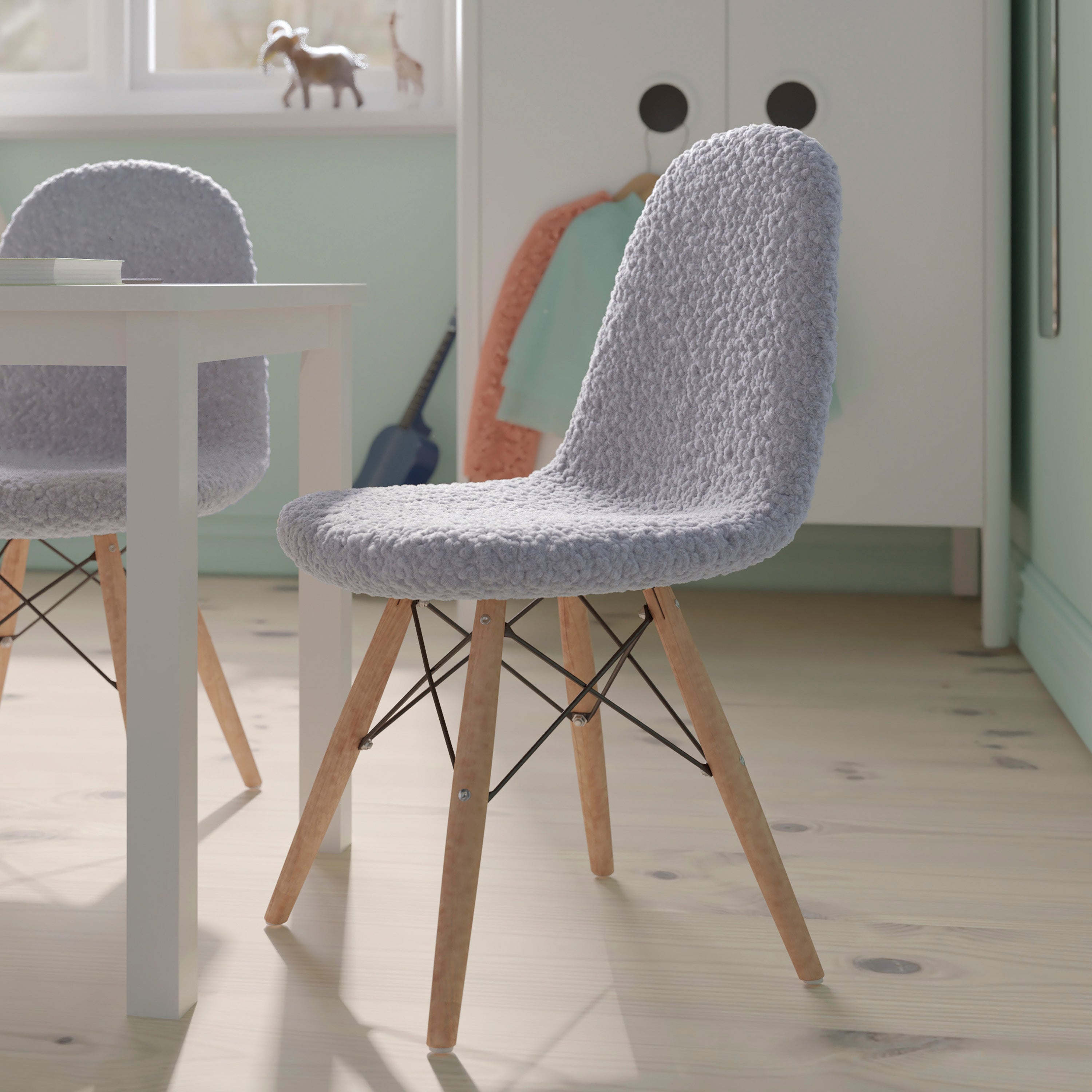 Zula Kid's Modern Padded Armless Faux Faux Shearling Accent Chair with Beechwood Legs in Gray