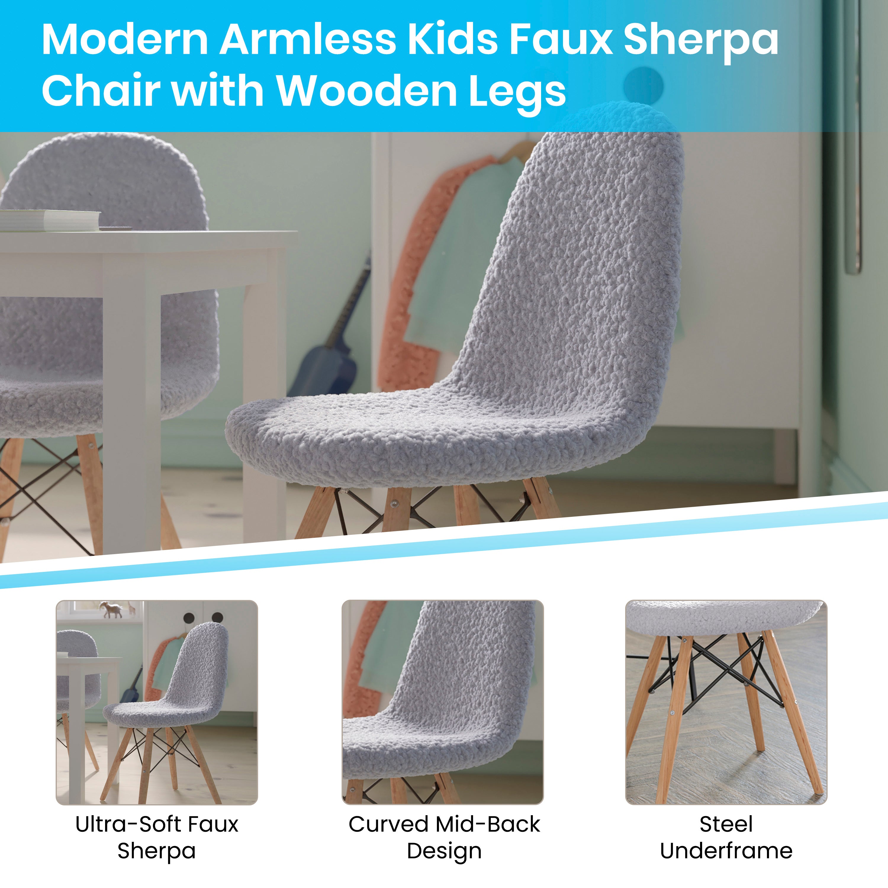 Zula Kid's Modern Padded Armless Faux Faux Shearling Accent Chair with Beechwood Legs in Gray
