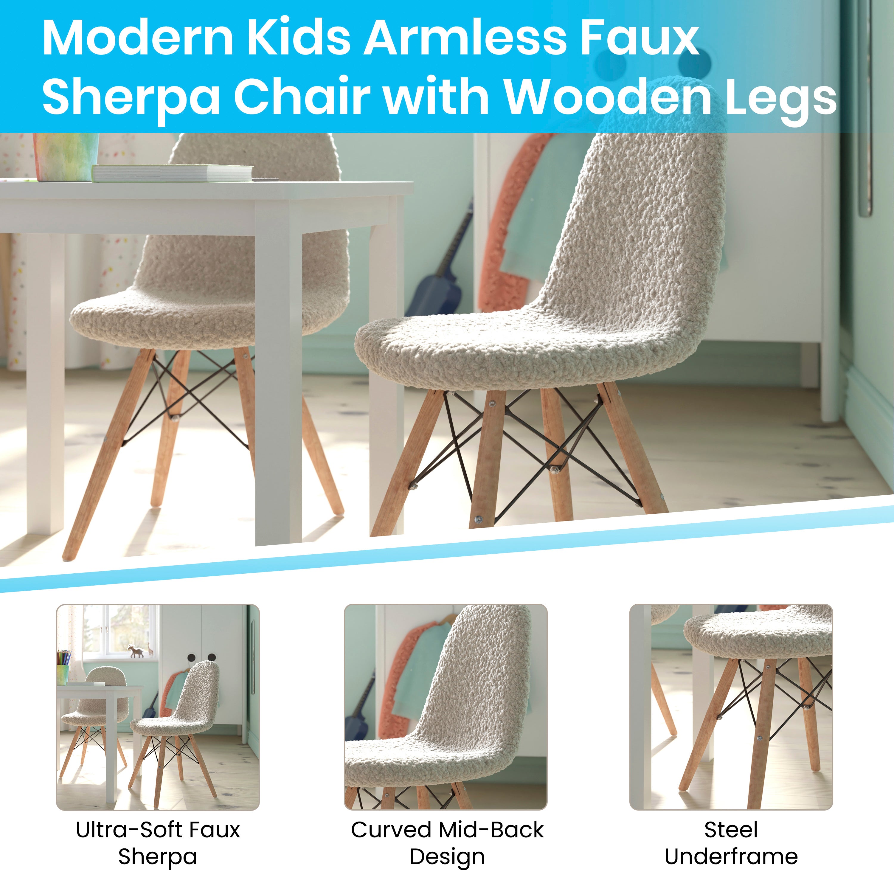 Zula Kid's Modern Padded Armless Faux Faux Shearling Accent Chair with Beechwood Legs in Off-White